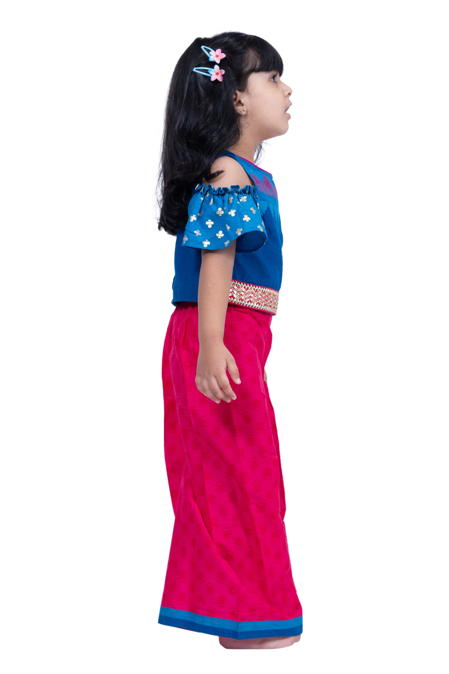Twisha Cotton Cold Shoulder Half n Half Bordered Top With Palazzo - Blue & Pink