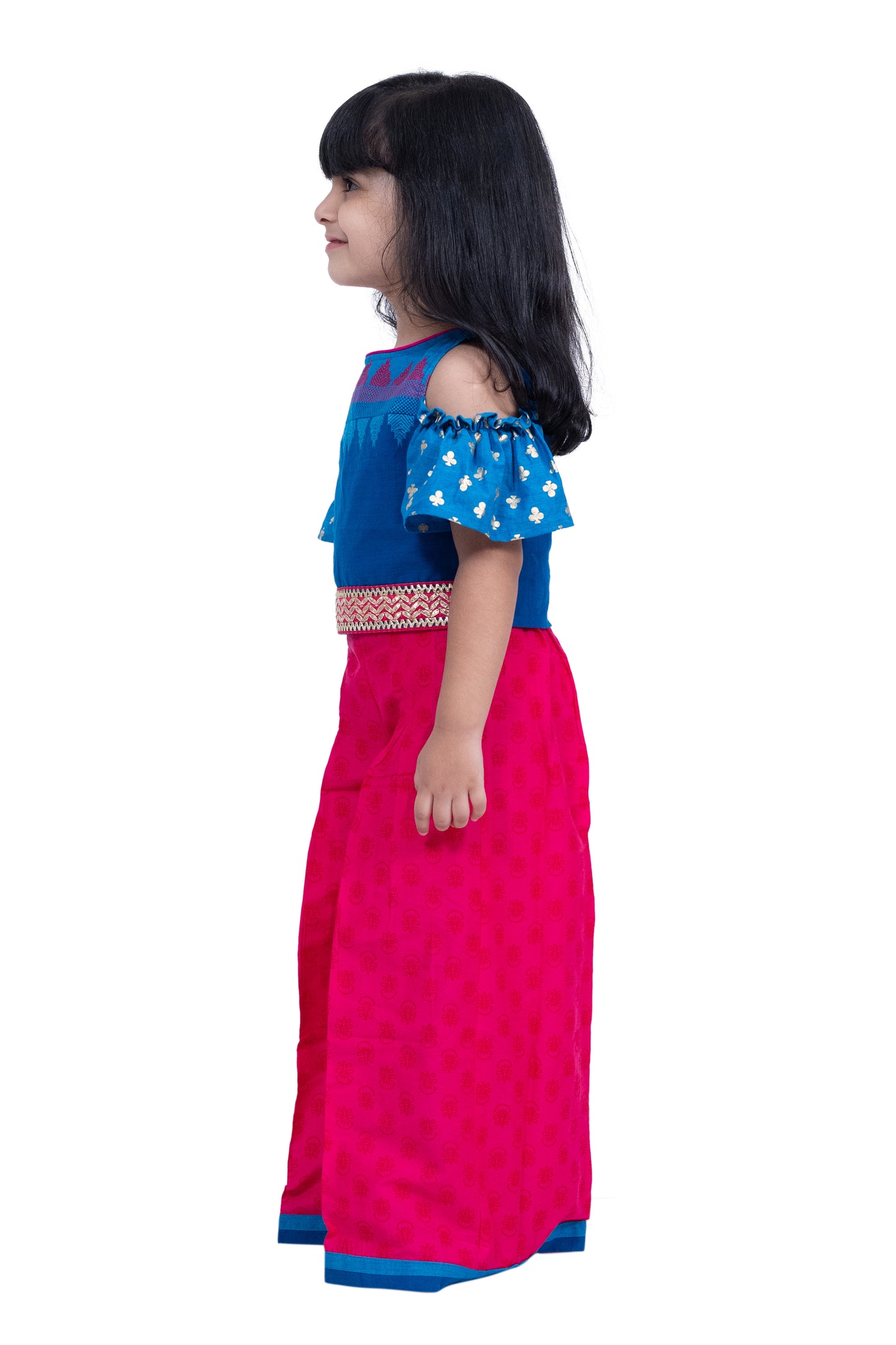 Twisha Cotton Cold Shoulder Half n Half Bordered Top With Palazzo - Blue & Pink