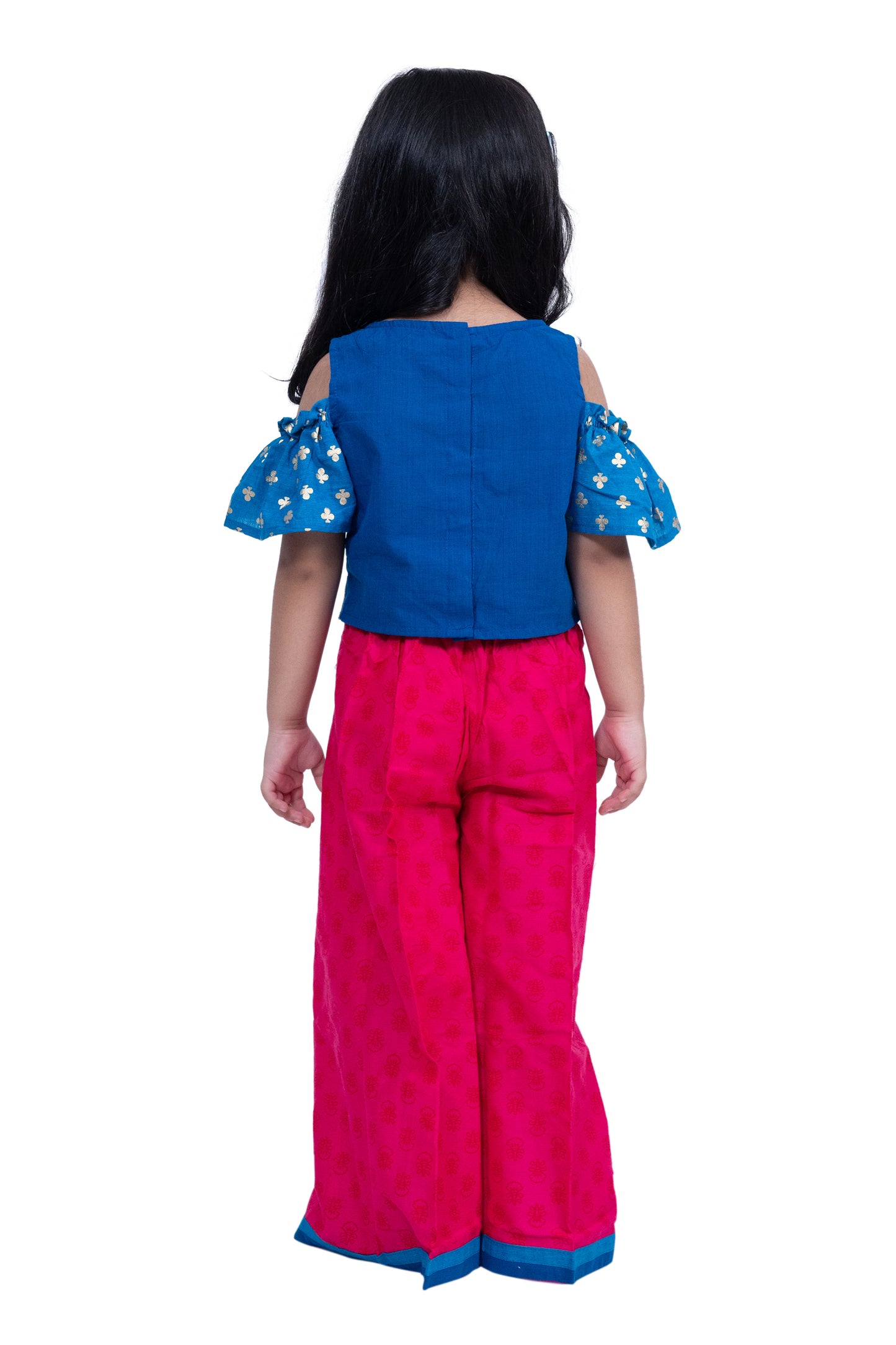 Twisha Cotton Cold Shoulder Half n Half Bordered Top With Palazzo - Blue & Pink