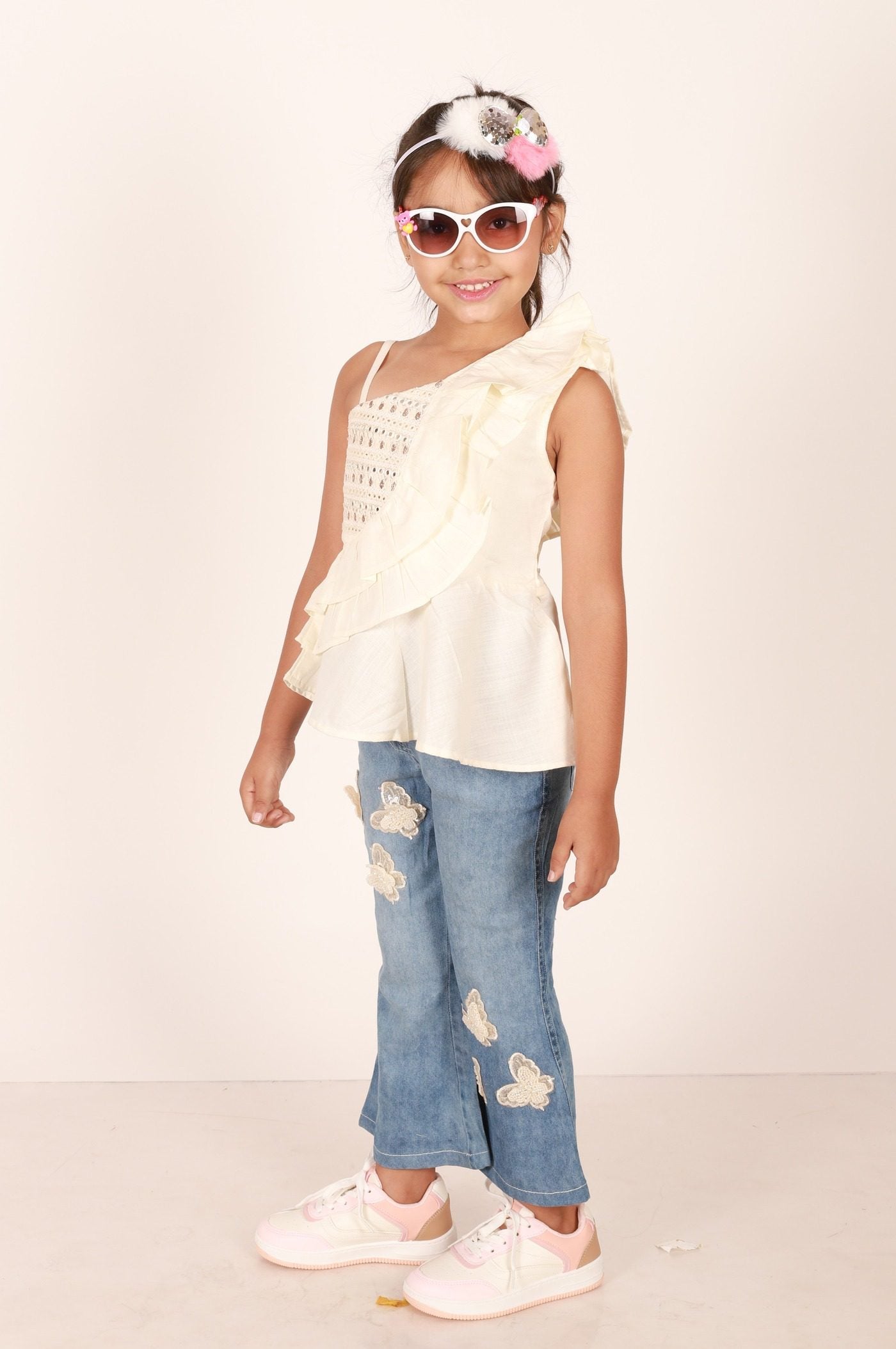 Twisha Girls One Sided Frilled Top & Jeans Embellished With Beautiful Butterfly Patches - Off White & Blue