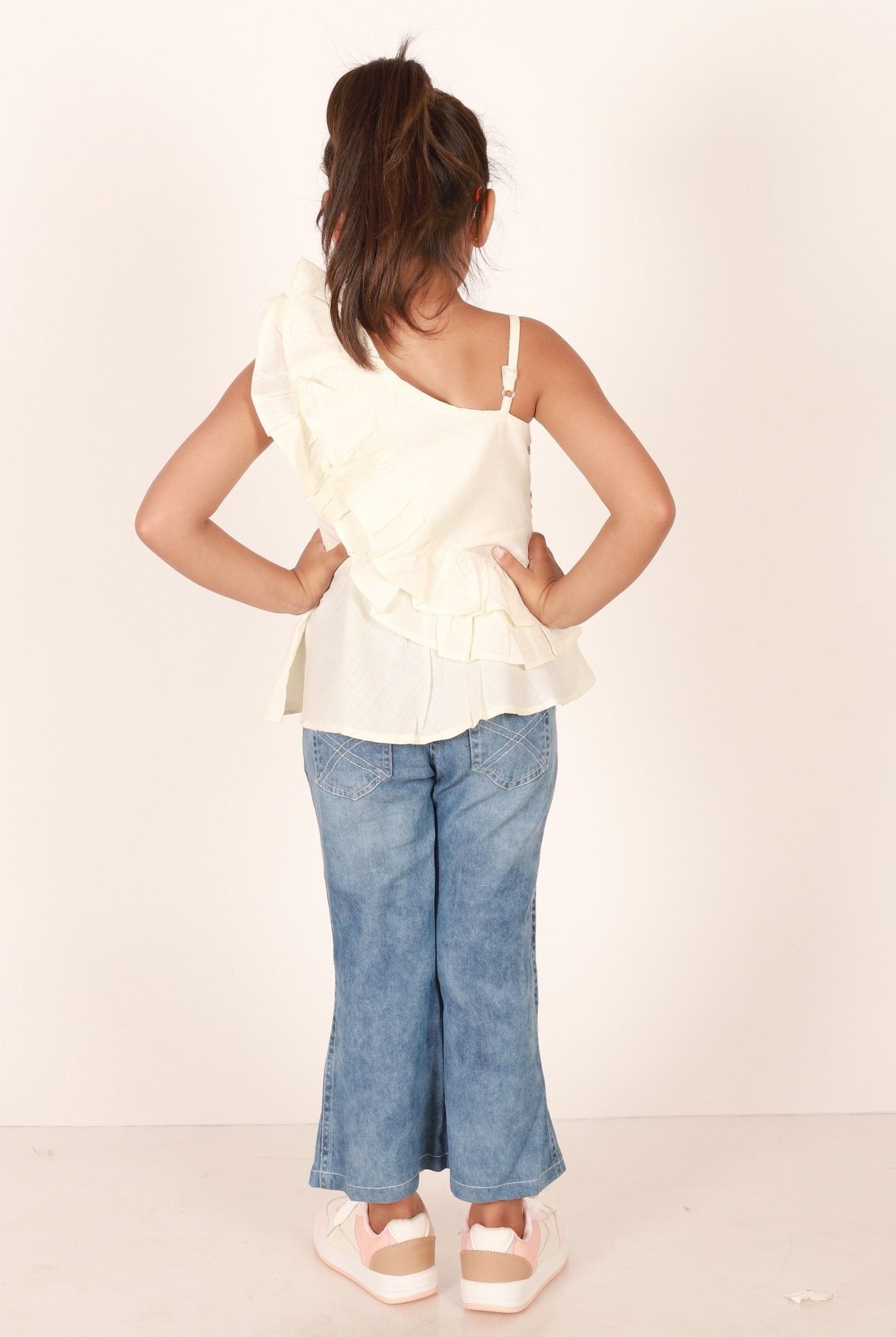 Twisha Girls One Sided Frilled Top & Jeans Embellished With Beautiful Butterfly Patches - Off White & Blue