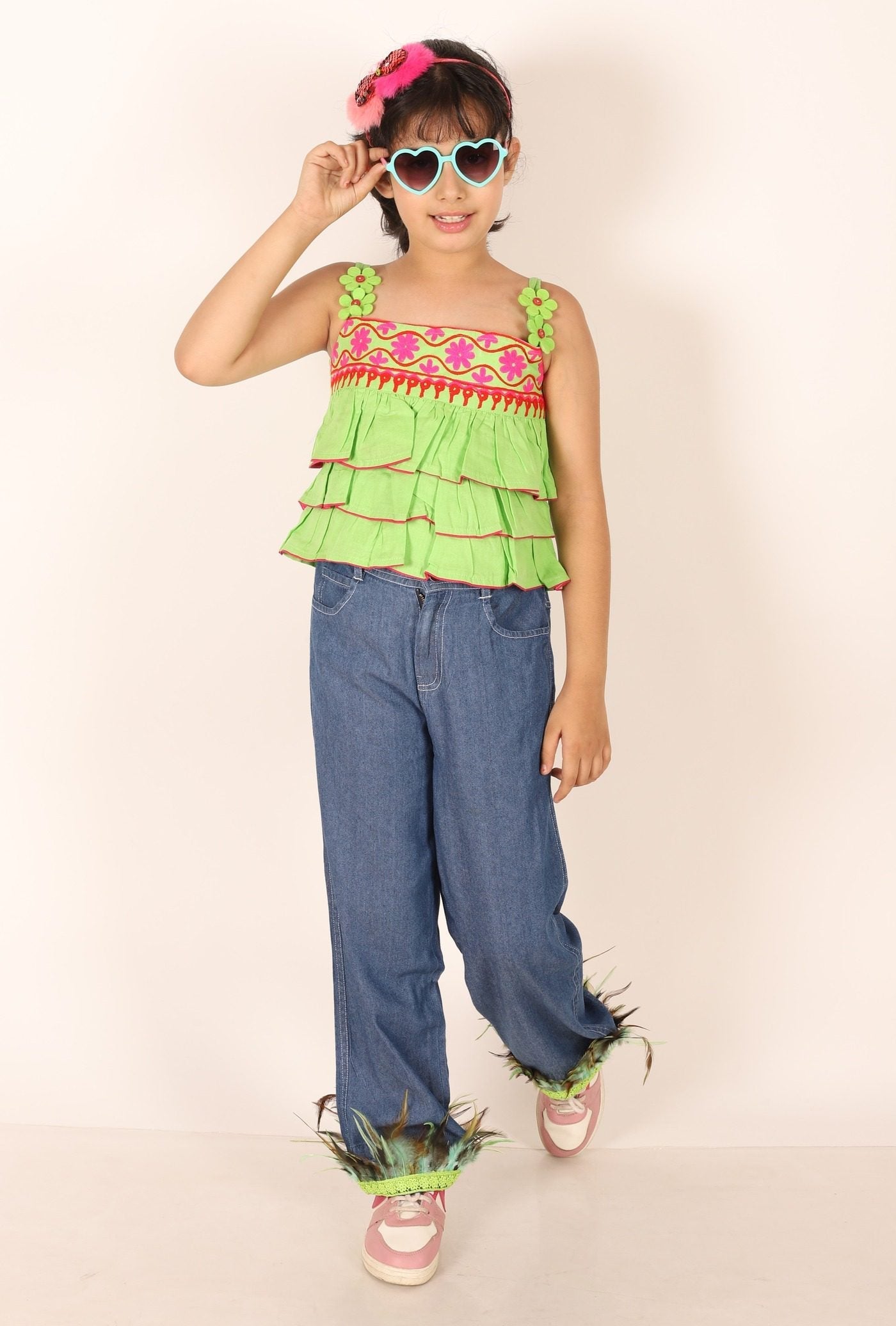 Twisha Girls Embroidered Frilled Top & Embellished With Feathers Lace Jeans - Lime Green & Blue