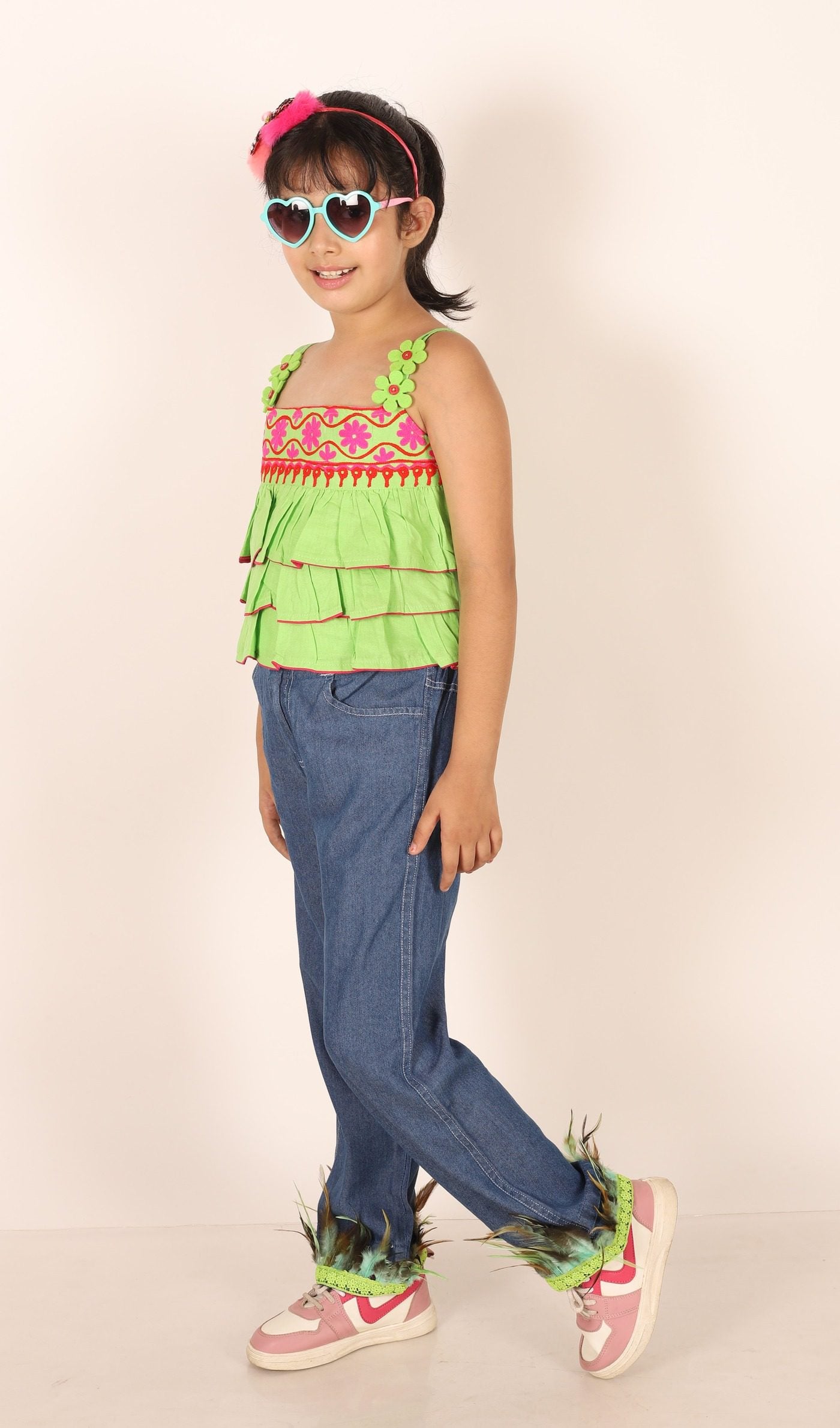 Twisha Girls Embroidered Frilled Top & Embellished With Feathers Lace Jeans - Lime Green & Blue
