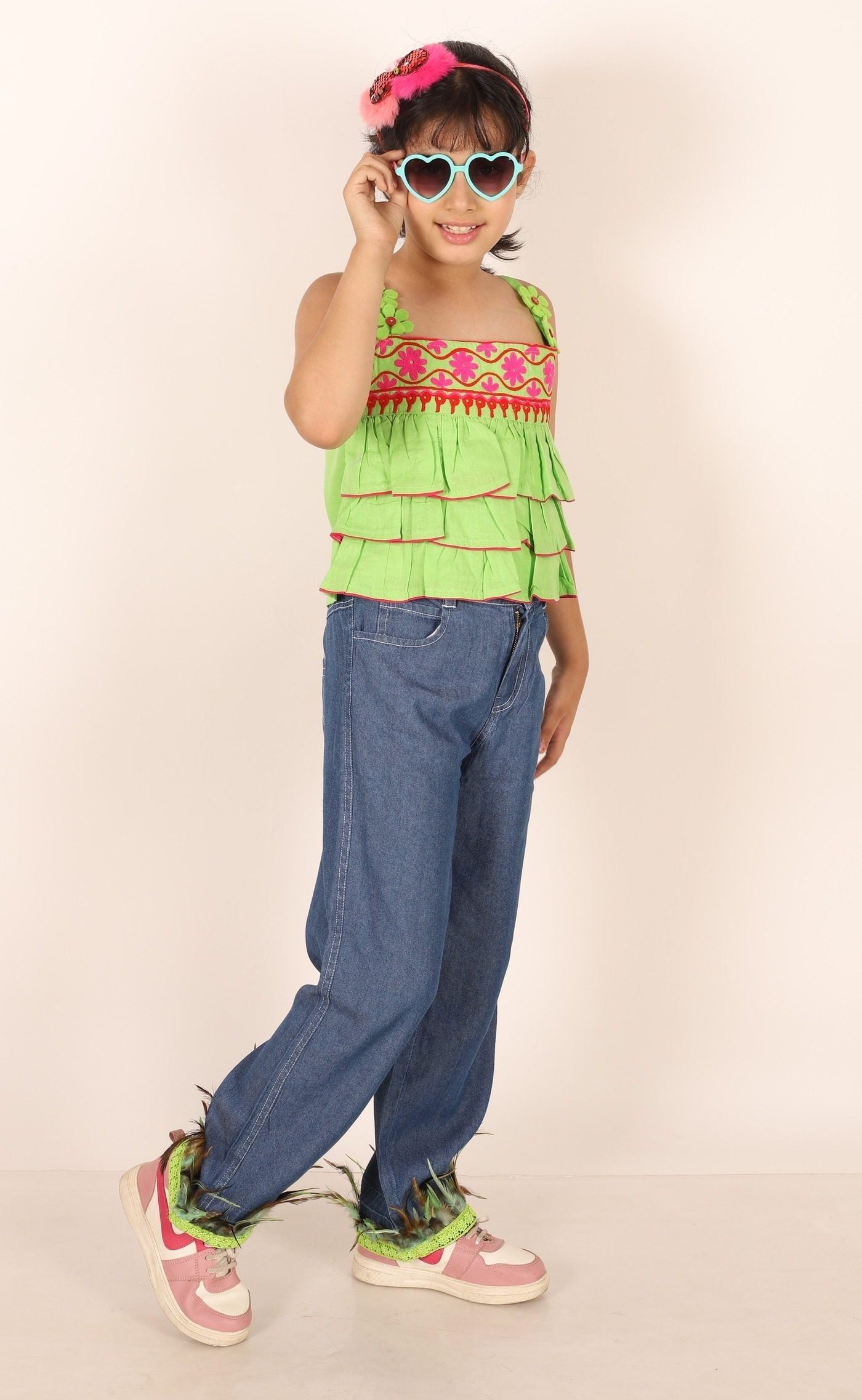 Twisha Girls Embroidered Frilled Top & Embellished With Feathers Lace Jeans - Lime Green & Blue
