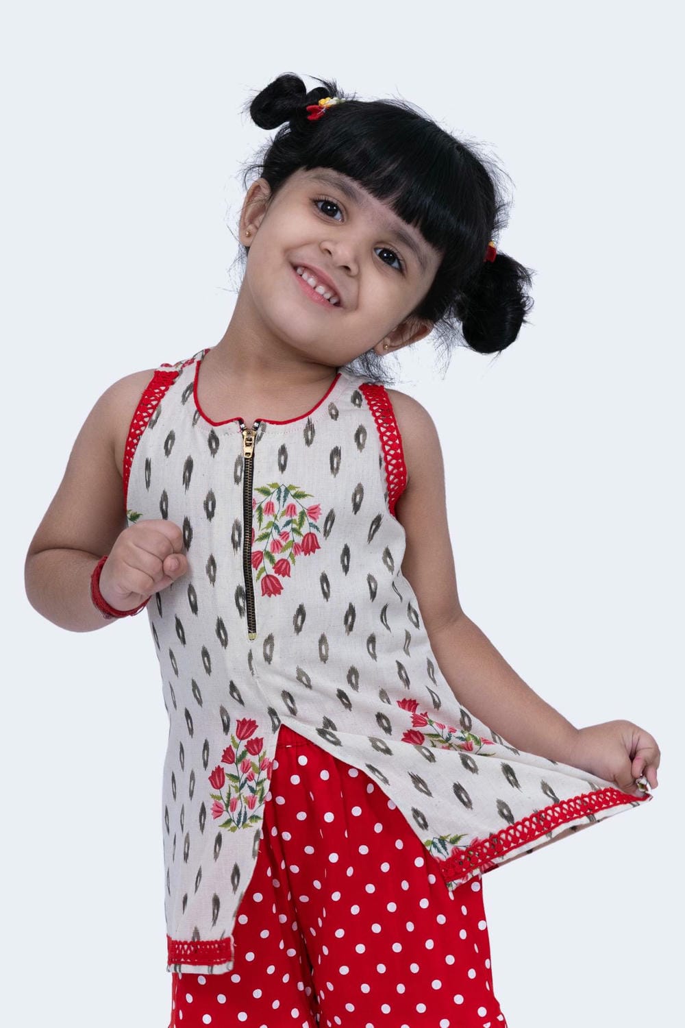 Twisha Girls Top & Sharara Set - Offwhite & Red