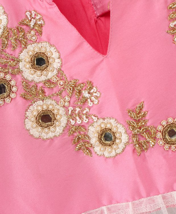 Embroidered Top with Palazzo - Pink & Off White