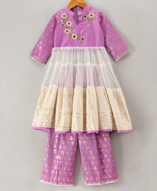 Embroidered Top with Palazzo - Mauve & Off White