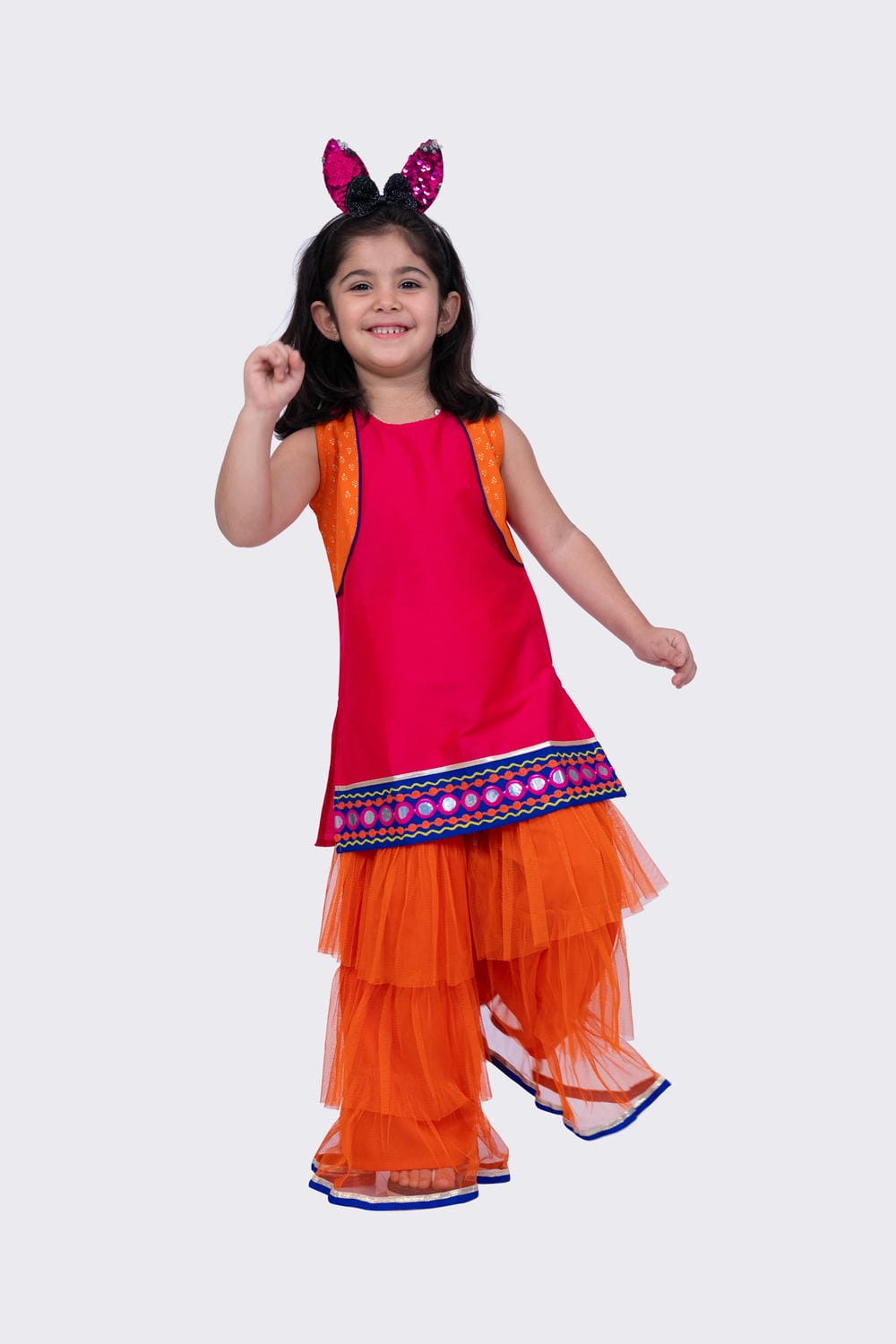Twisha Girl's Sleeveless Polyester Mock Jacket Embroidered Top with Sharara-Pink & Orange