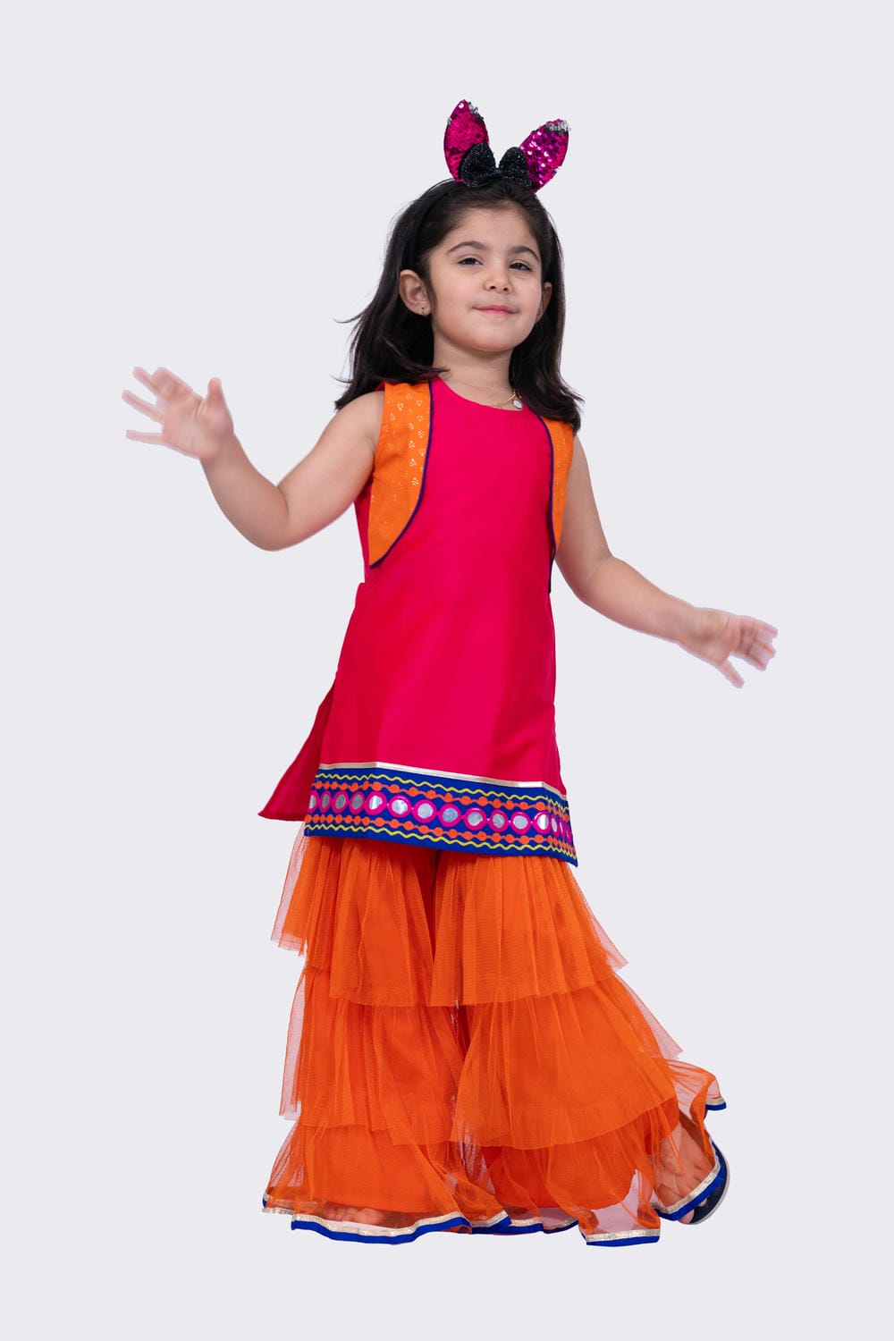 Twisha Girl's Sleeveless Polyester Mock Jacket Embroidered Top with Sharara-Pink & Orange