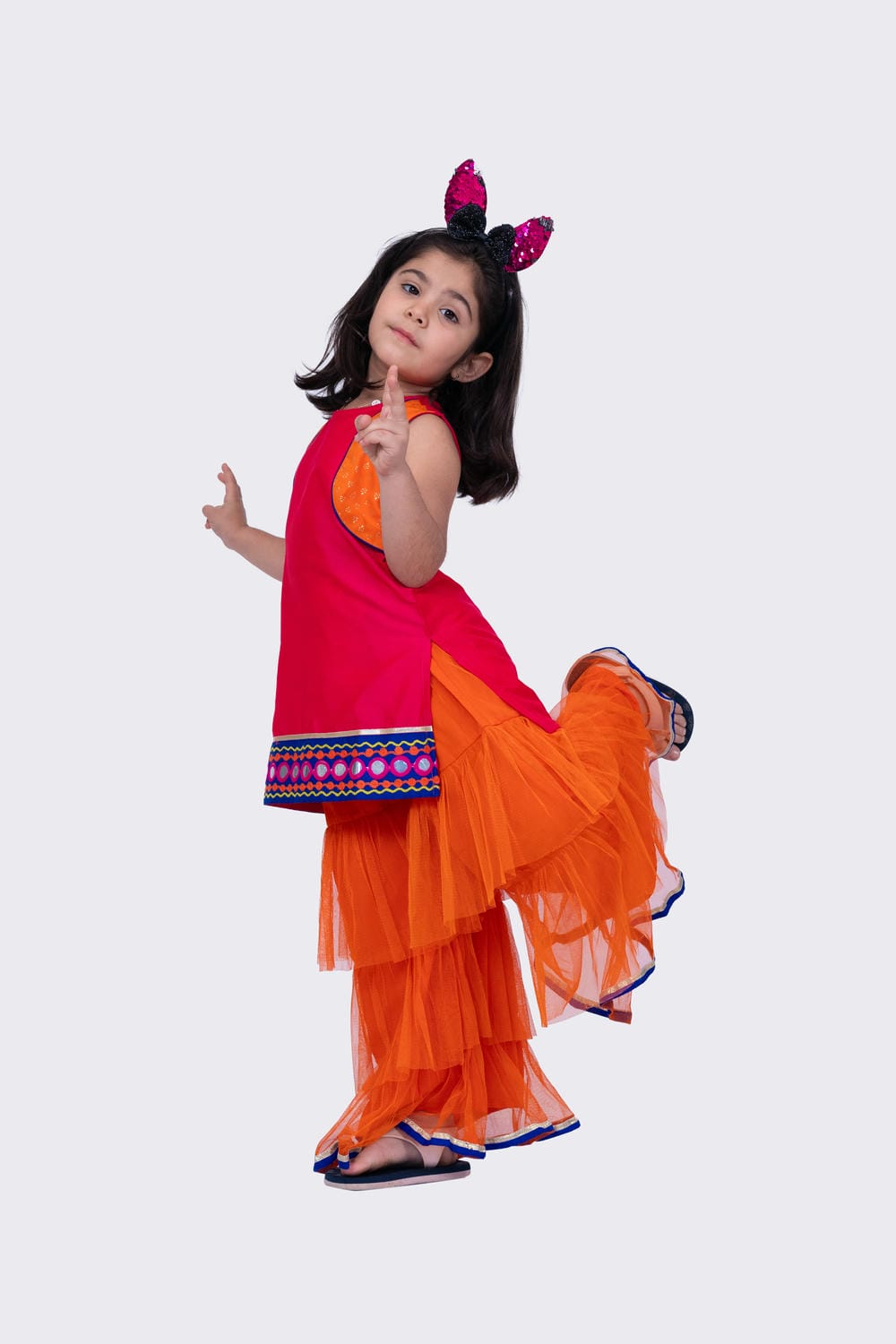 Twisha Girl's Sleeveless Polyester Mock Jacket Embroidered Top with Sharara-Pink & Orange