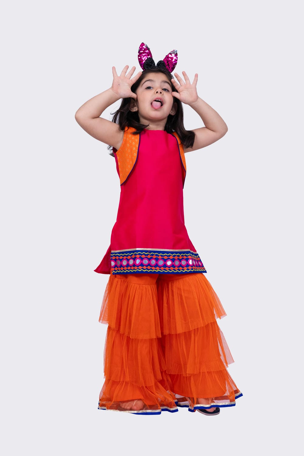 Twisha Girl's Sleeveless Polyester Mock Jacket Embroidered Top with Sharara-Pink & Orange
