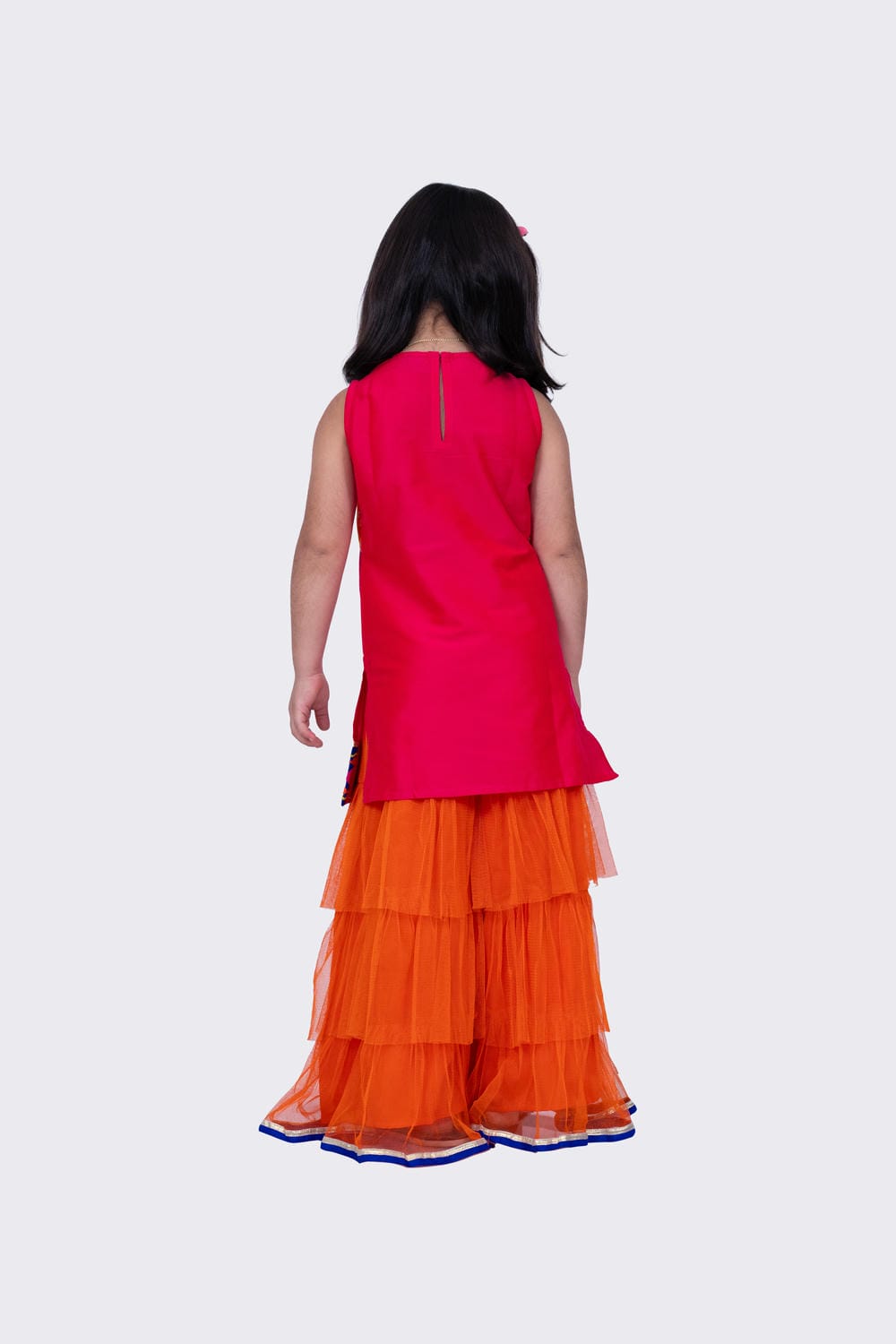 Twisha Girl's Sleeveless Polyester Mock Jacket Embroidered Top with Sharara-Pink & Orange