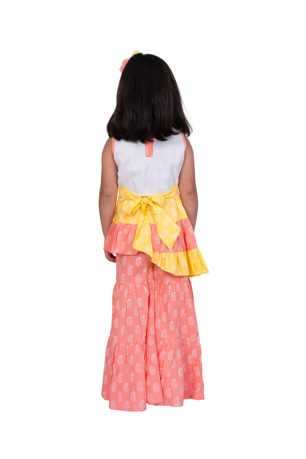 Twisa Girl's Sleeveless assmetric Rayon Embroidered Top with Sharara - White & Coral