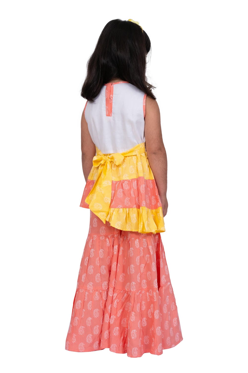 Twisa Girl's Sleeveless assmetric Rayon Embroidered Top with Sharara - White & Coral
