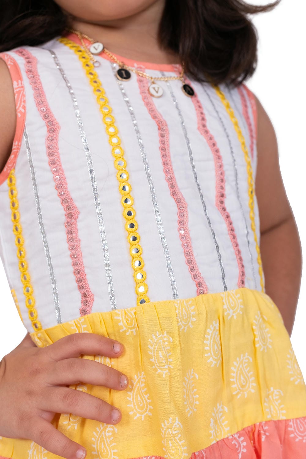 Twisa Girl's Sleeveless assmetric Rayon Embroidered Top with Sharara - White & Coral