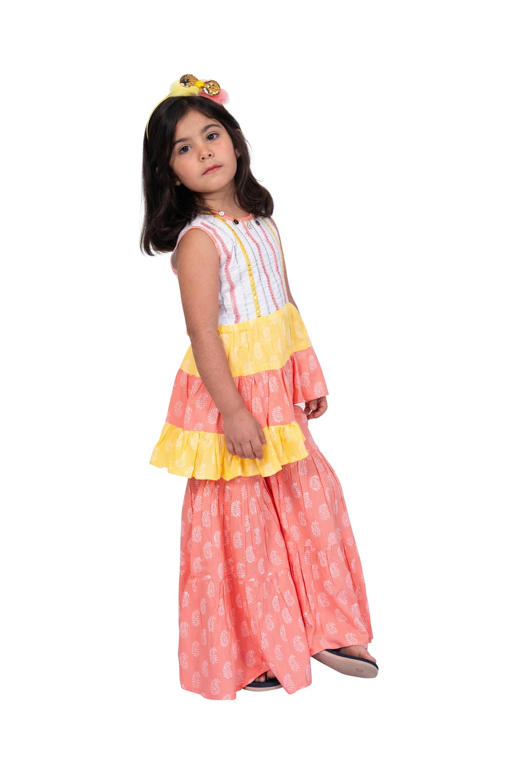 Twisa Girl's Sleeveless assmetric Rayon Embroidered Top with Sharara - White & Coral