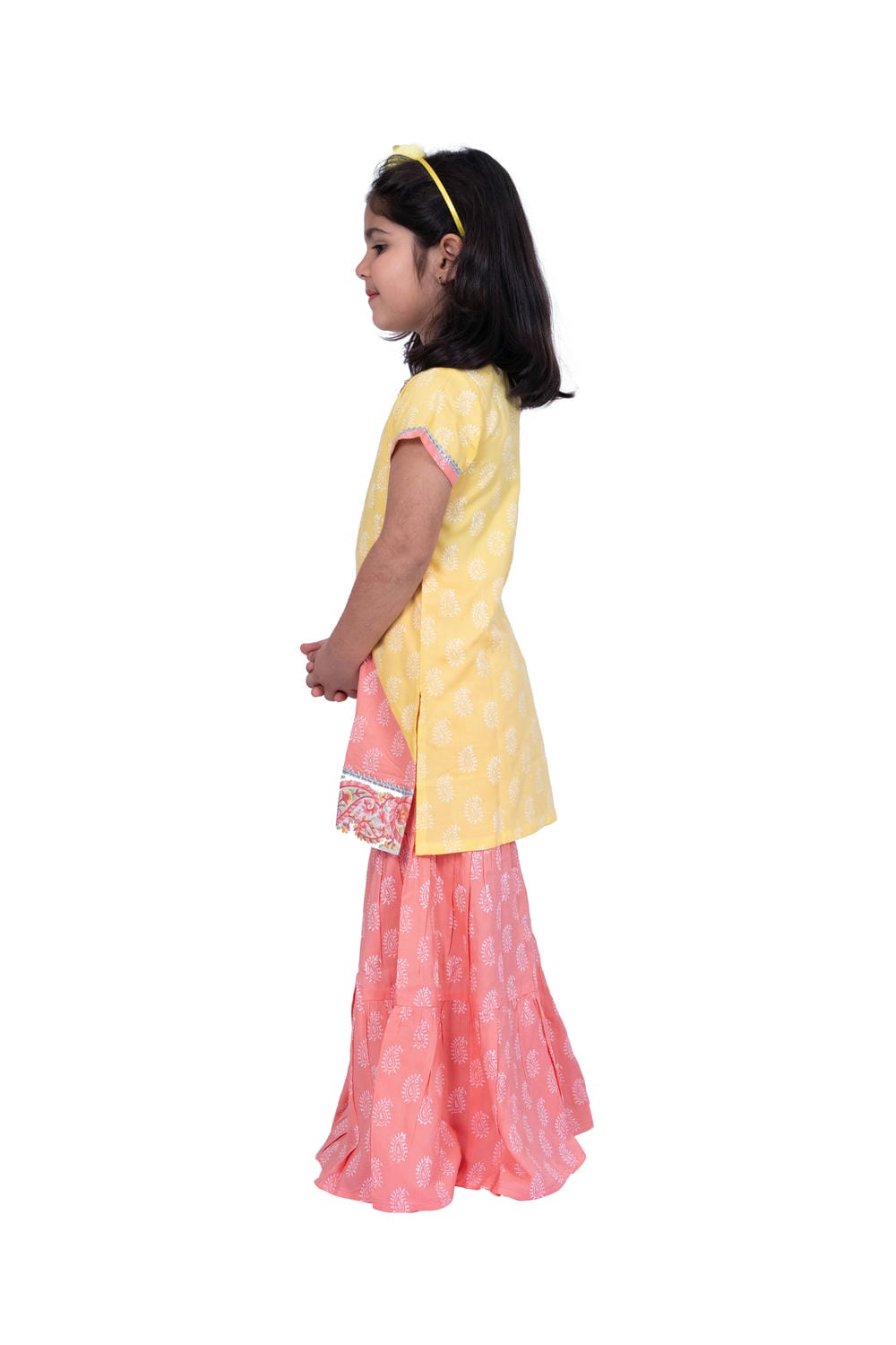Twisa Girl's Sleeveless colour blocked Rayon Printed Top with Sharara - Yellow & Coral