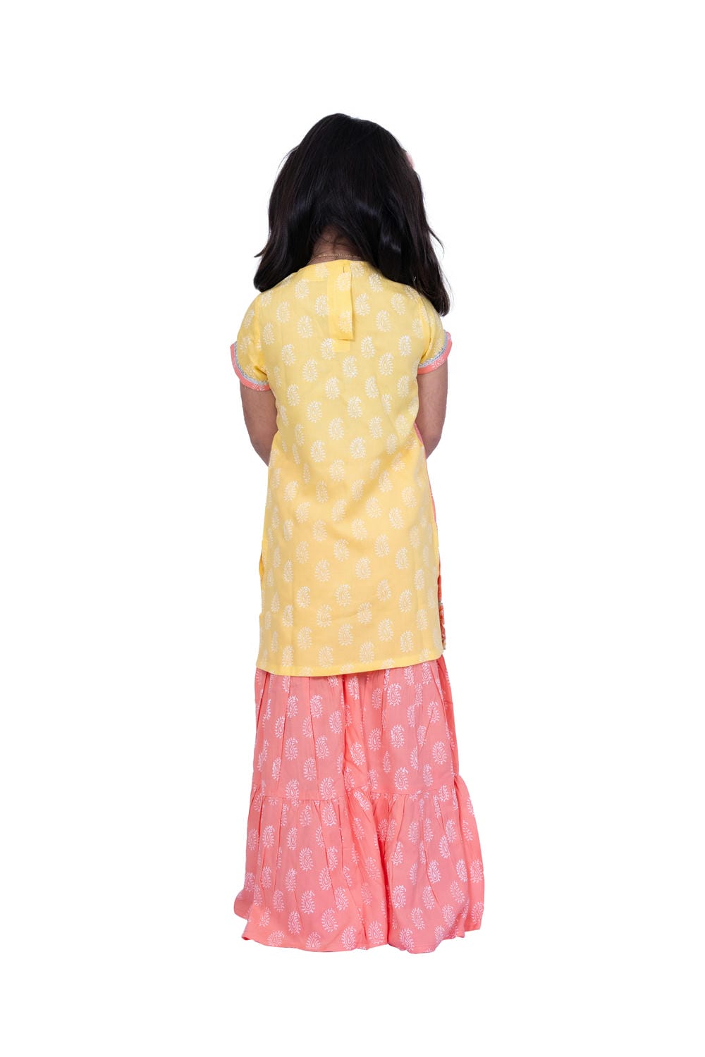 Twisa Girl's Sleeveless colour blocked Rayon Printed Top with Sharara - Yellow & Coral