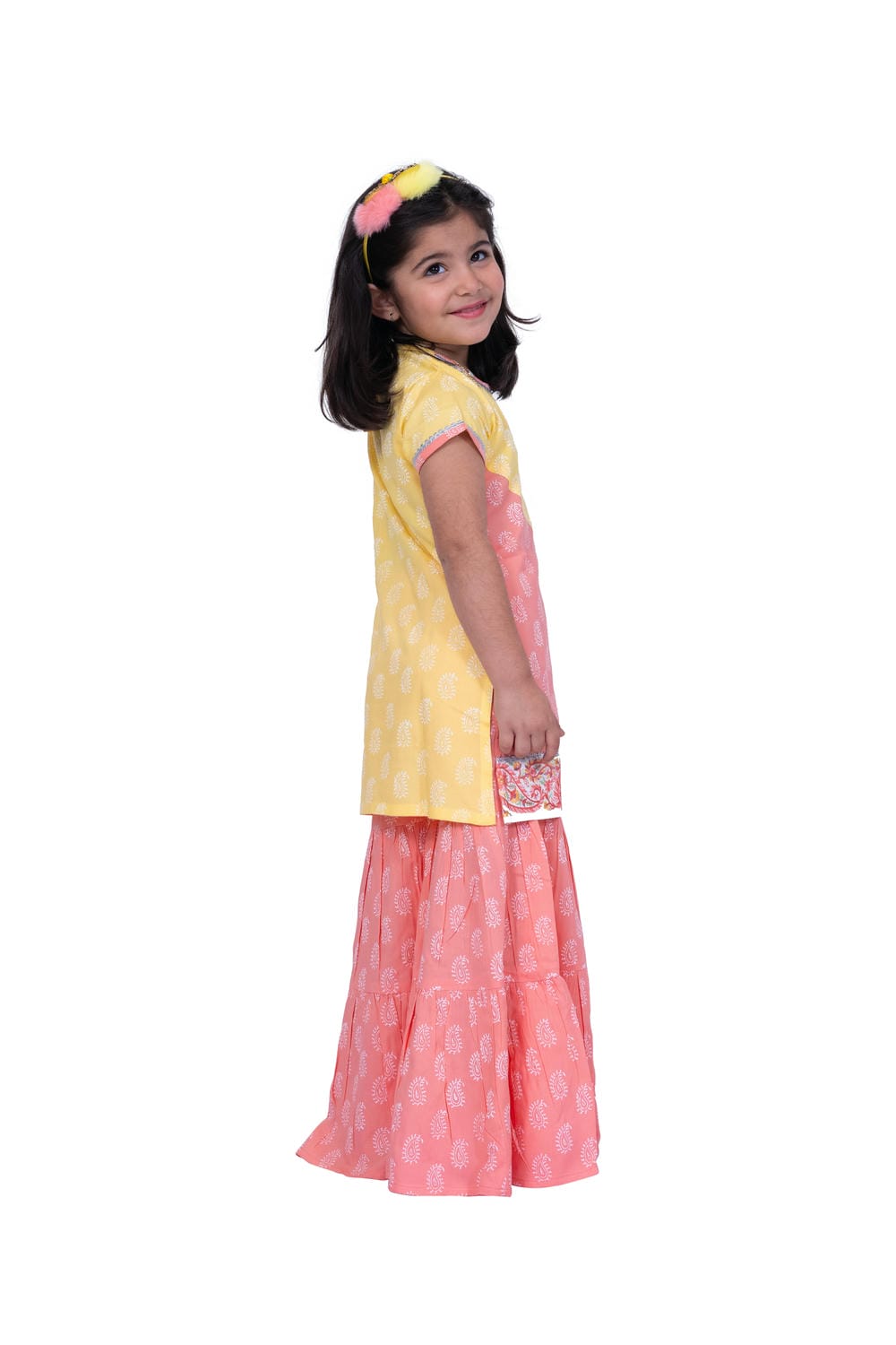 Twisa Girl's Sleeveless colour blocked Rayon Printed Top with Sharara - Yellow & Coral