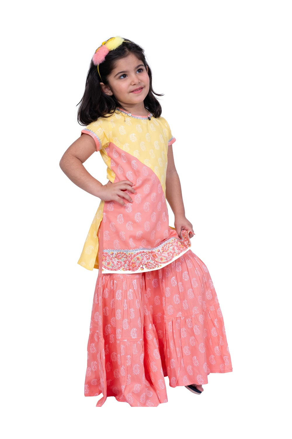 Twisa Girl's Sleeveless colour blocked Rayon Printed Top with Sharara - Yellow & Coral