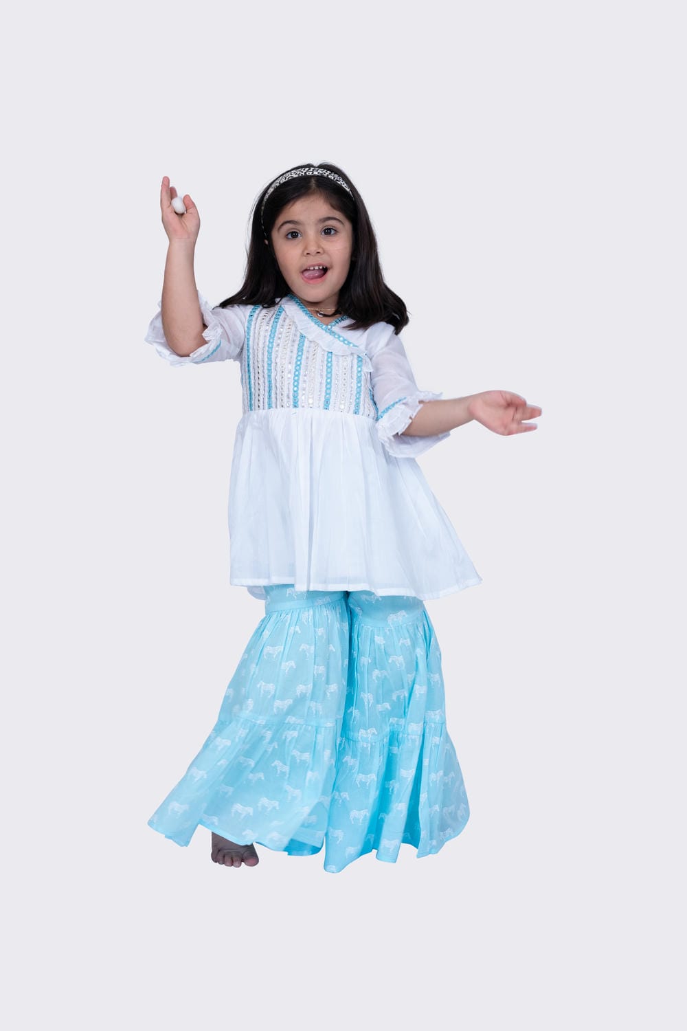 Twisha Girl's 3/4 sleeves Embroidered Frilled Top with Sharara - White & Blue