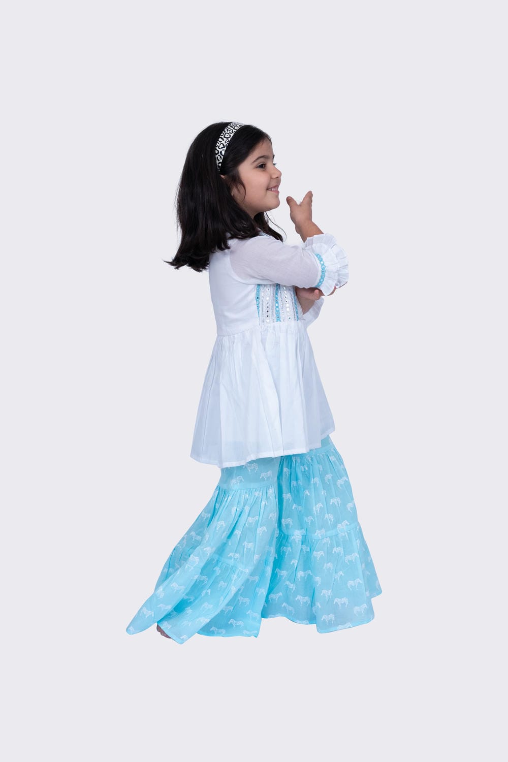 Twisha Girl's 3/4 sleeves Embroidered Frilled Top with Sharara - White & Blue