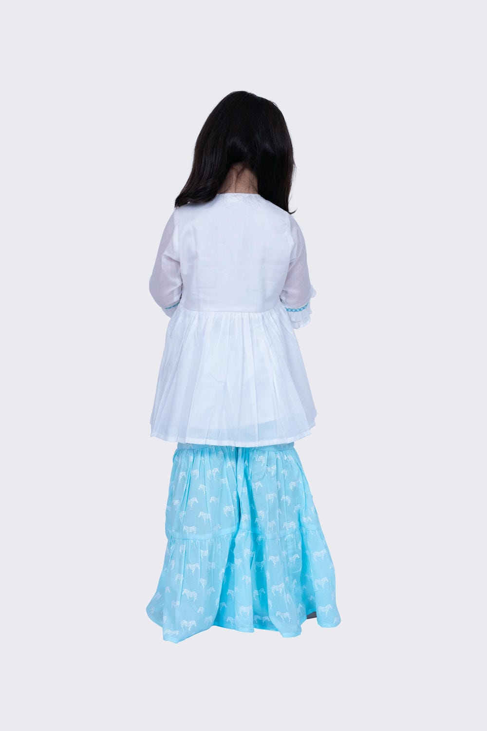 Twisha Girl's 3/4 sleeves Embroidered Frilled Top with Sharara - White & Blue