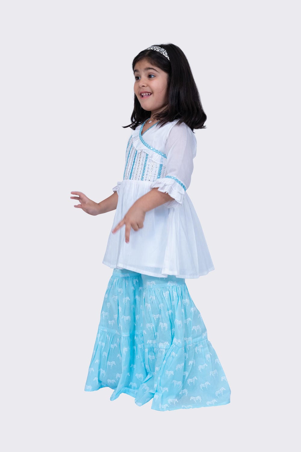 Twisha Girl's 3/4 sleeves Embroidered Frilled Top with Sharara - White & Blue