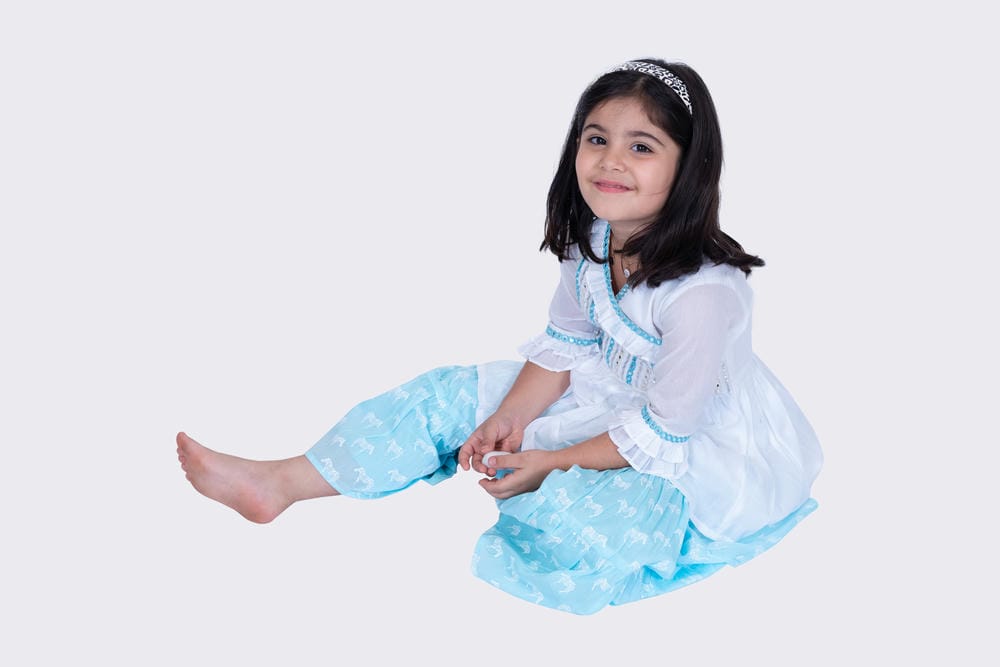 Twisha Girl's 3/4 sleeves Embroidered Frilled Top with Sharara - White & Blue