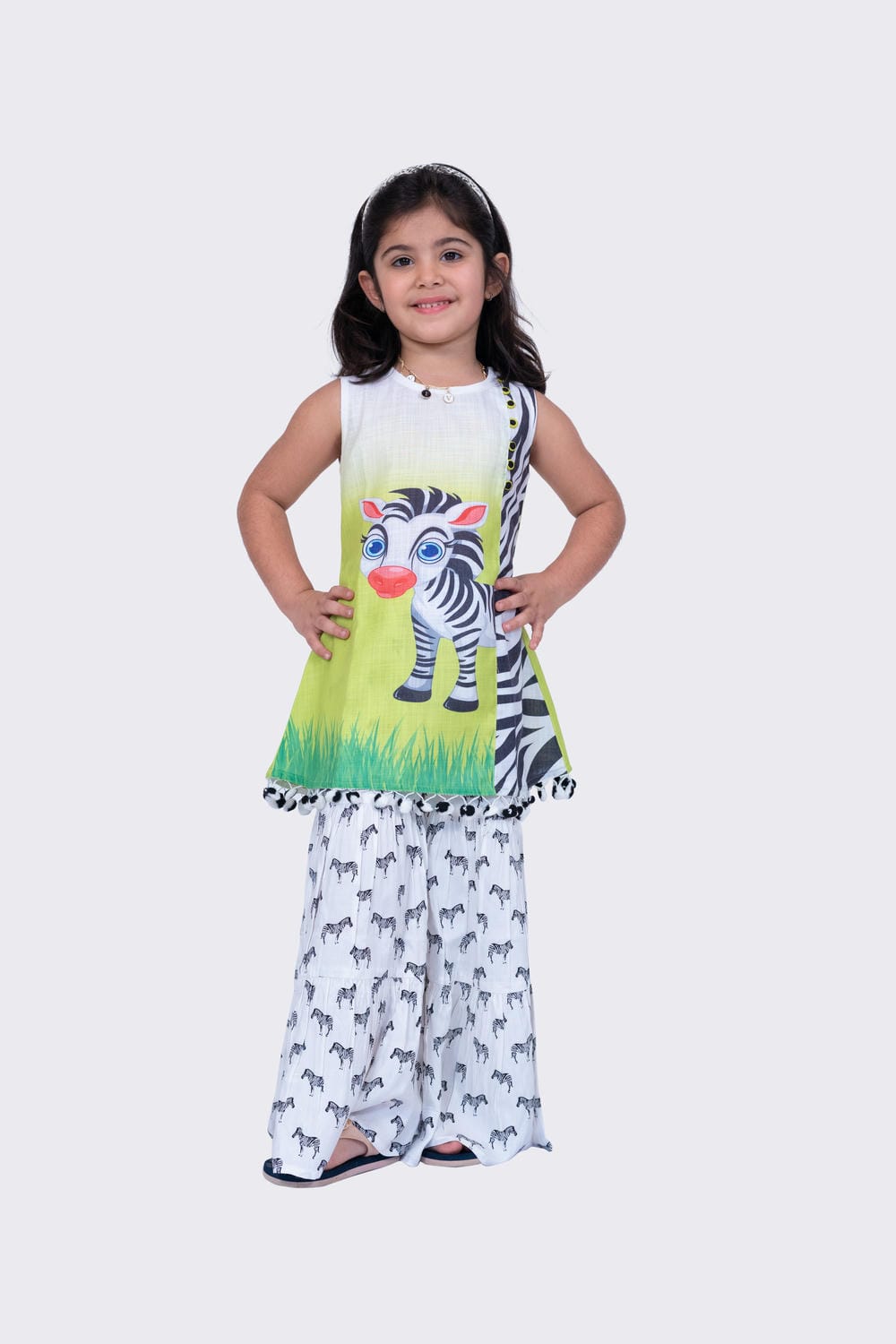 Twisha Girl's Sleeveless Zebra Printed Top and Printed Sharara White & Lime Green