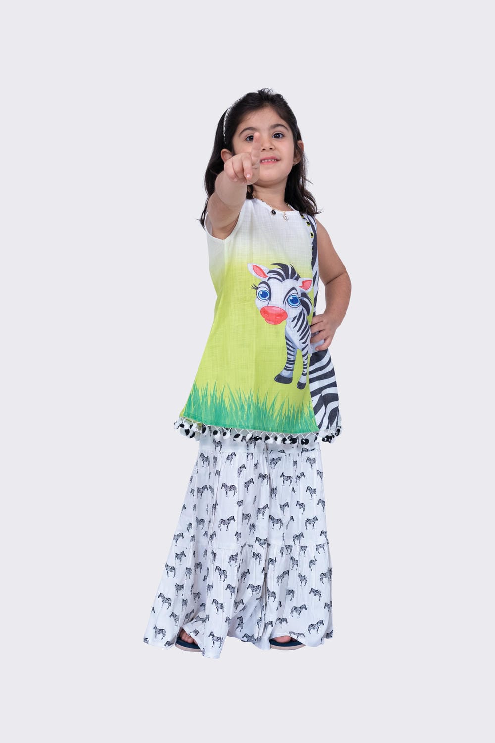 Twisha Girl's Sleeveless Zebra Printed Top and Printed Sharara White & Lime Green