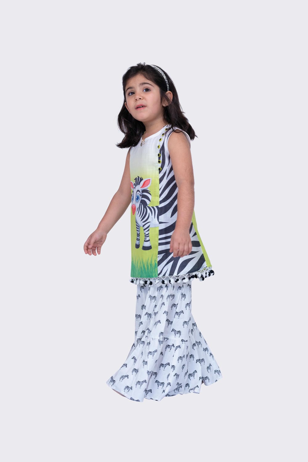 Twisha Girl's Sleeveless Zebra Printed Top and Printed Sharara White & Lime Green