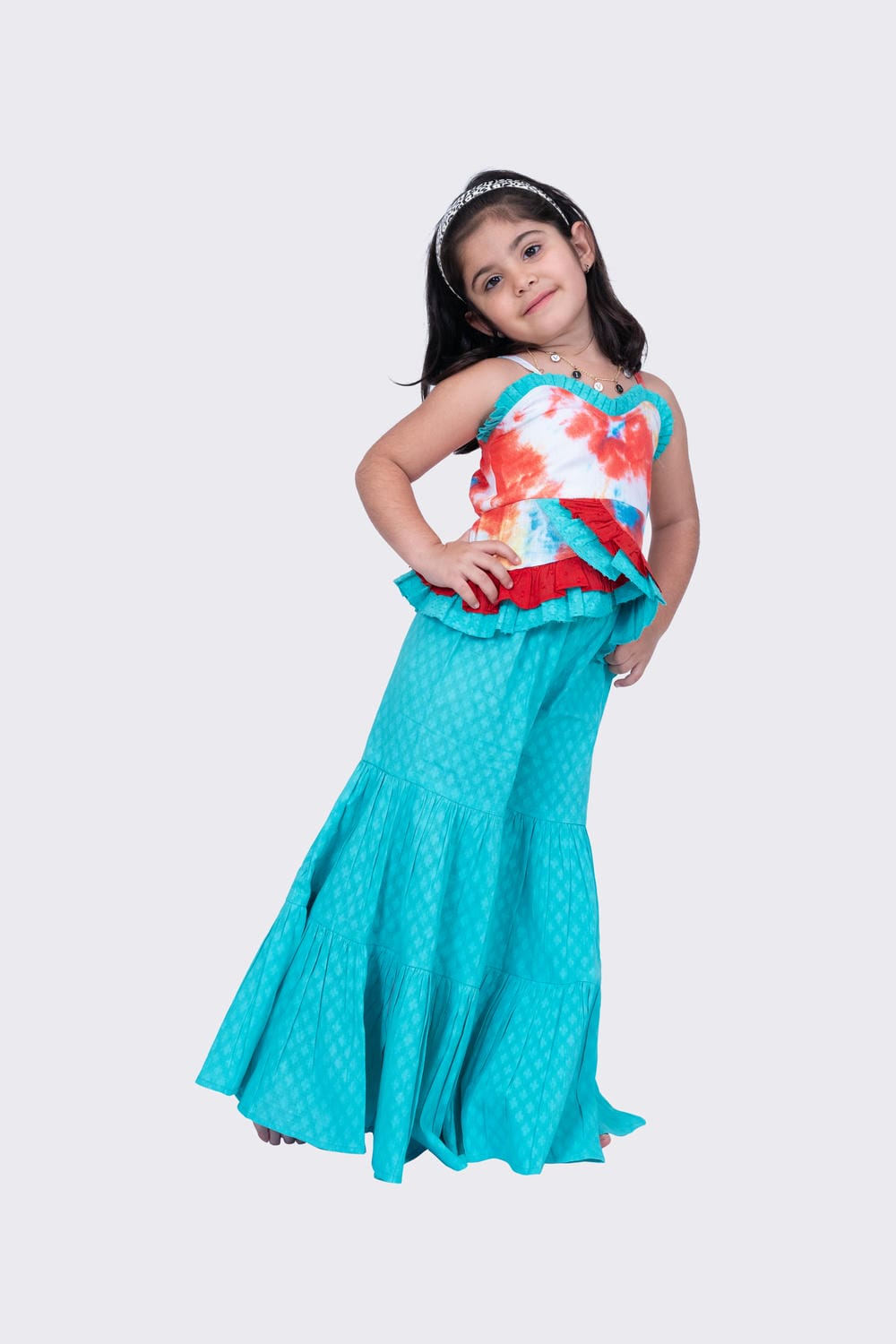 Twisha Girl's Sleeveles Strappy Frilled Multi Coloured Top with Sharara - Red & Seagreen