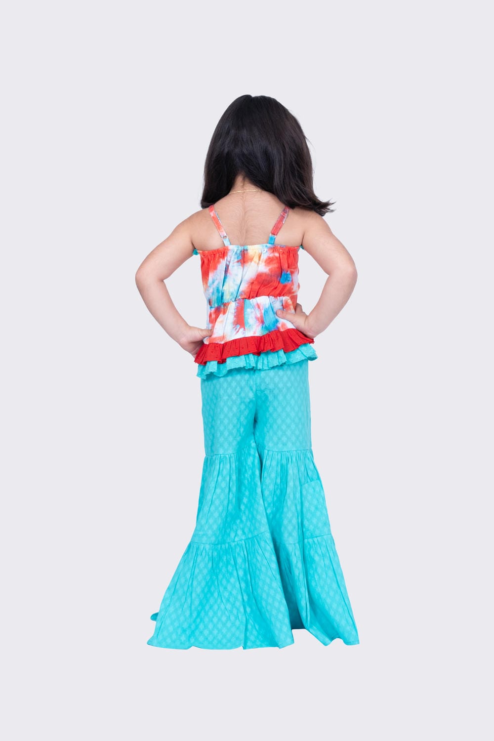 Twisha Girl's Sleeveles Strappy Frilled Multi Coloured Top with Sharara - Red & Seagreen