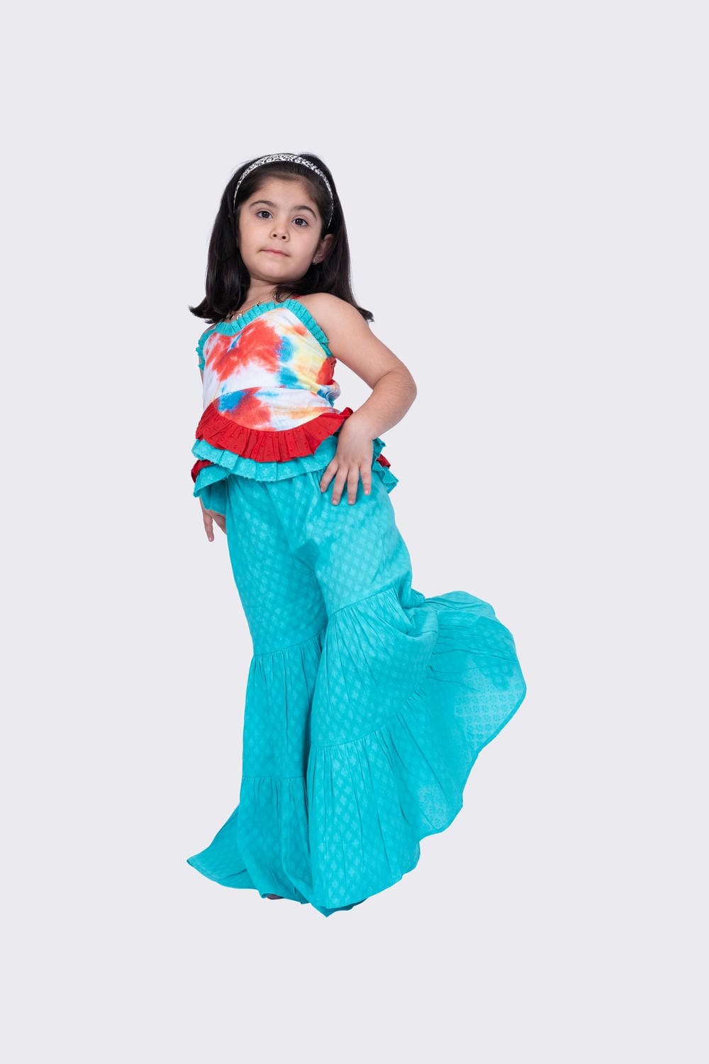 Twisha Girl's Sleeveles Strappy Frilled Multi Coloured Top with Sharara - Red & Seagreen
