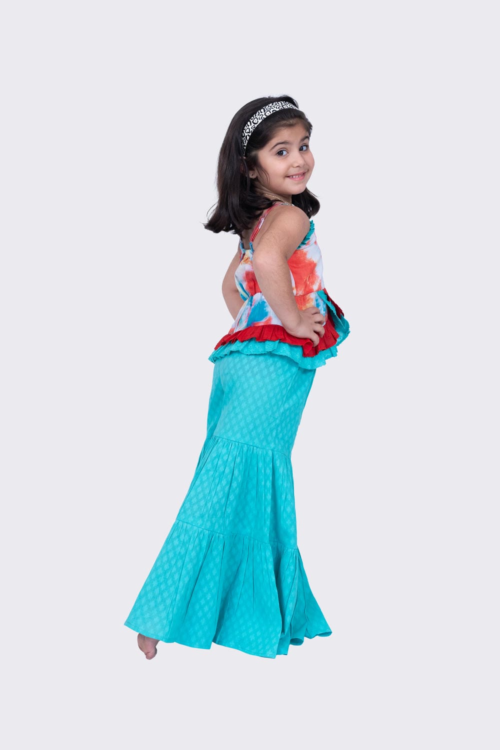Twisha Girl's Sleeveles Strappy Frilled Multi Coloured Top with Sharara - Red & Seagreen