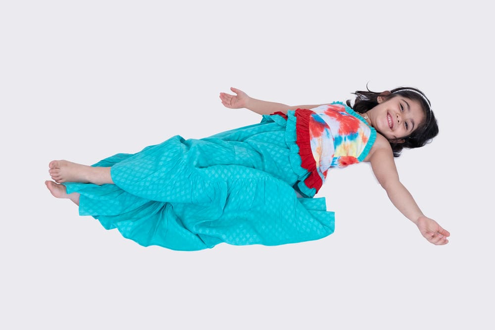 Twisha Girl's Sleeveles Strappy Frilled Multi Coloured Top with Sharara - Red & Seagreen