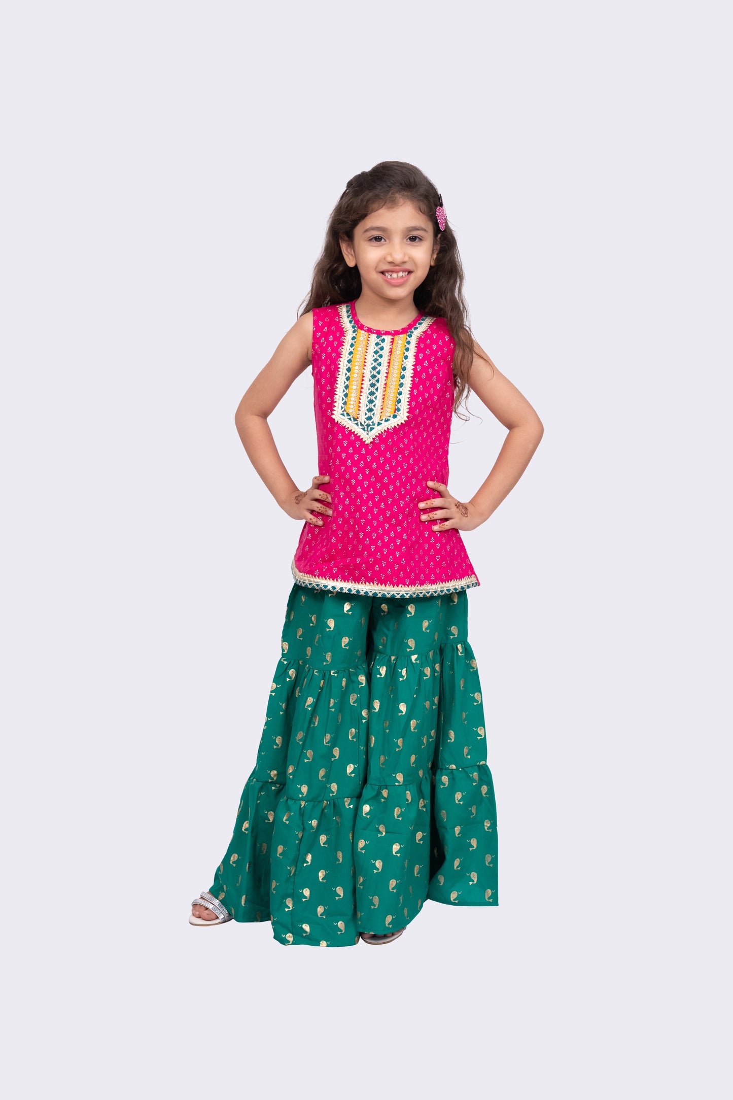 Twisha Girls Sleeveless Cotton Embellished Top With Sharara- Pink & Green