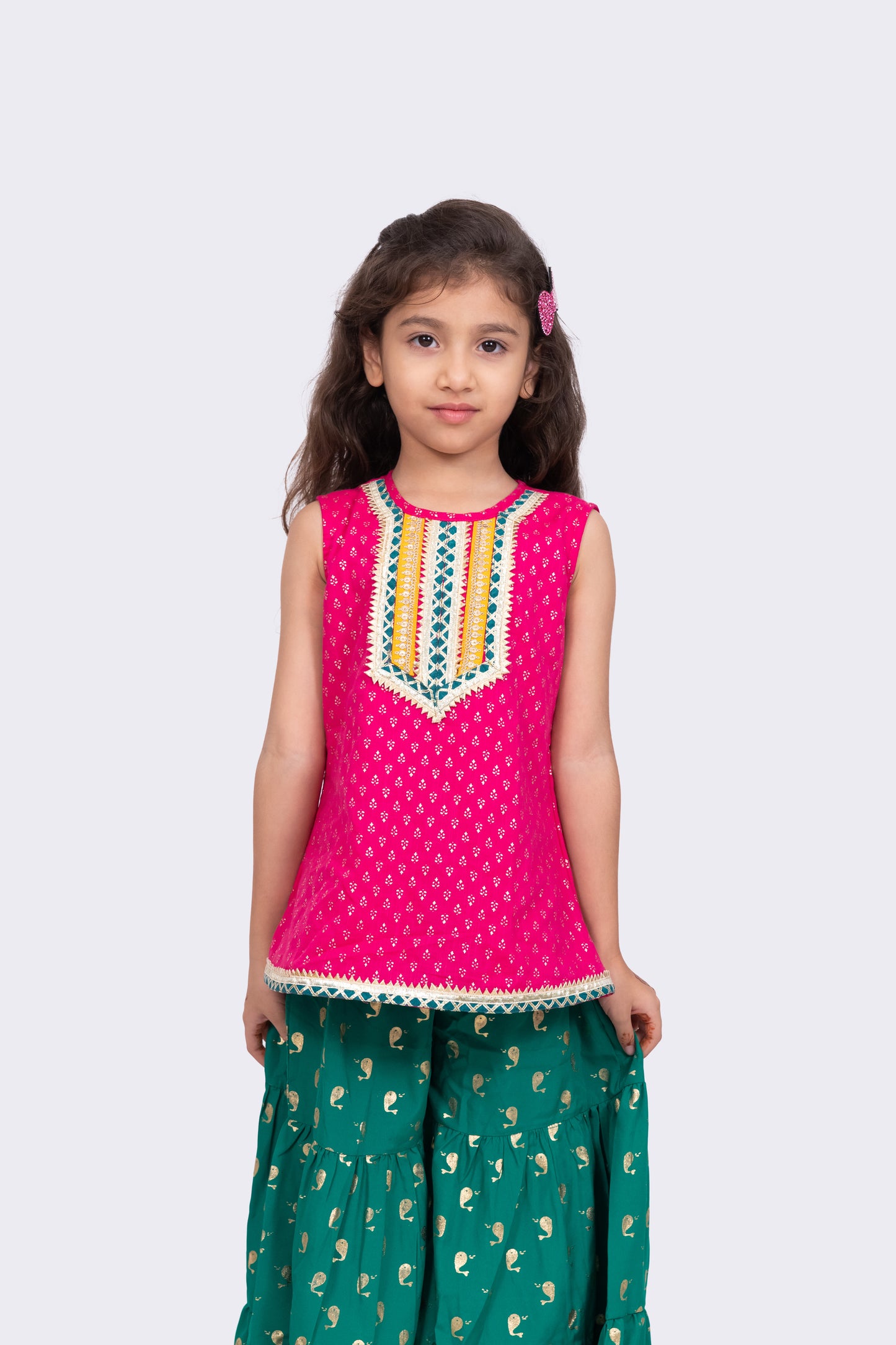 Twisha Girls Sleeveless Cotton Embellished Top With Sharara- Pink & Green