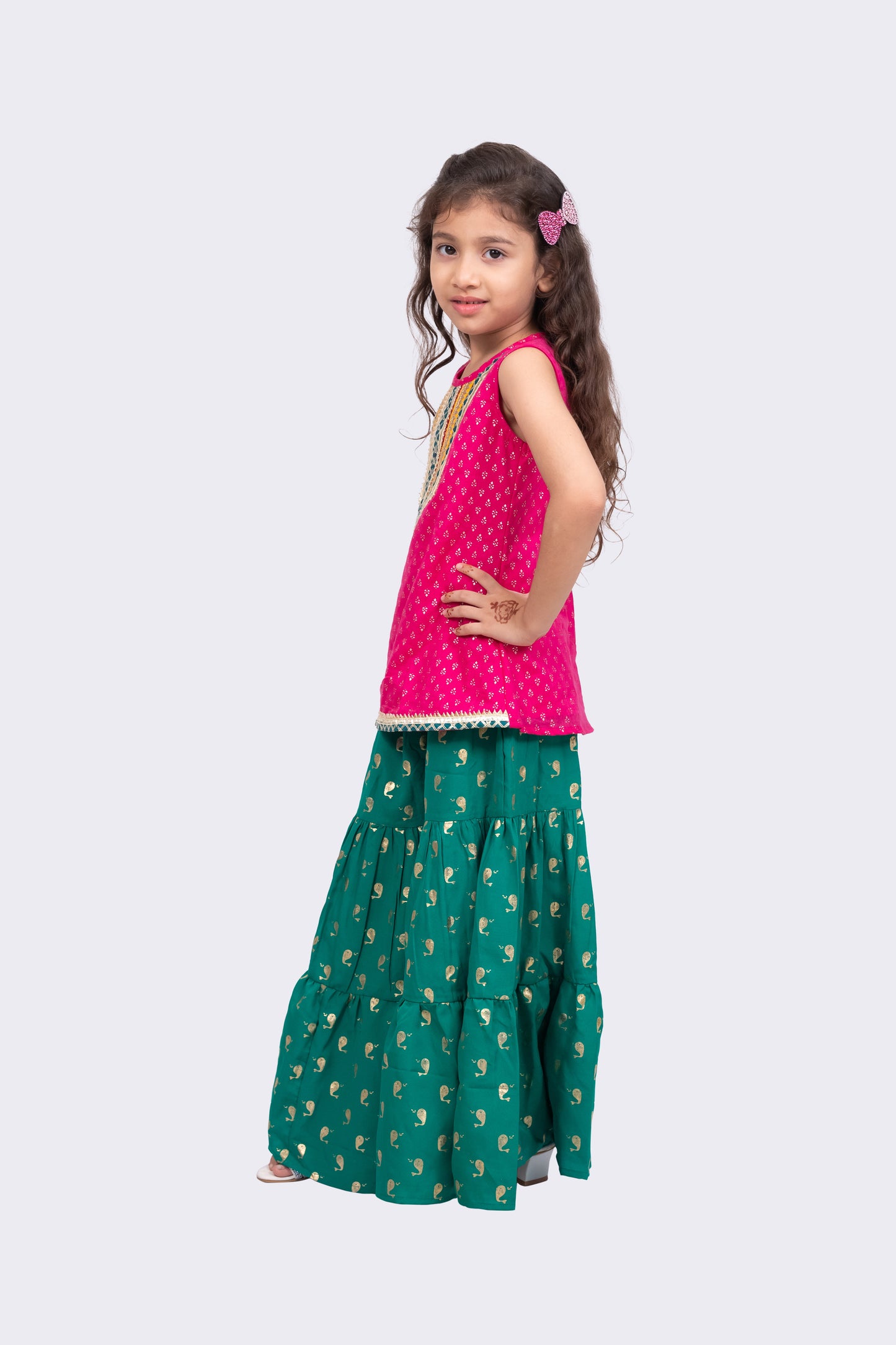 Twisha Girls Sleeveless Cotton Embellished Top With Sharara- Pink & Green