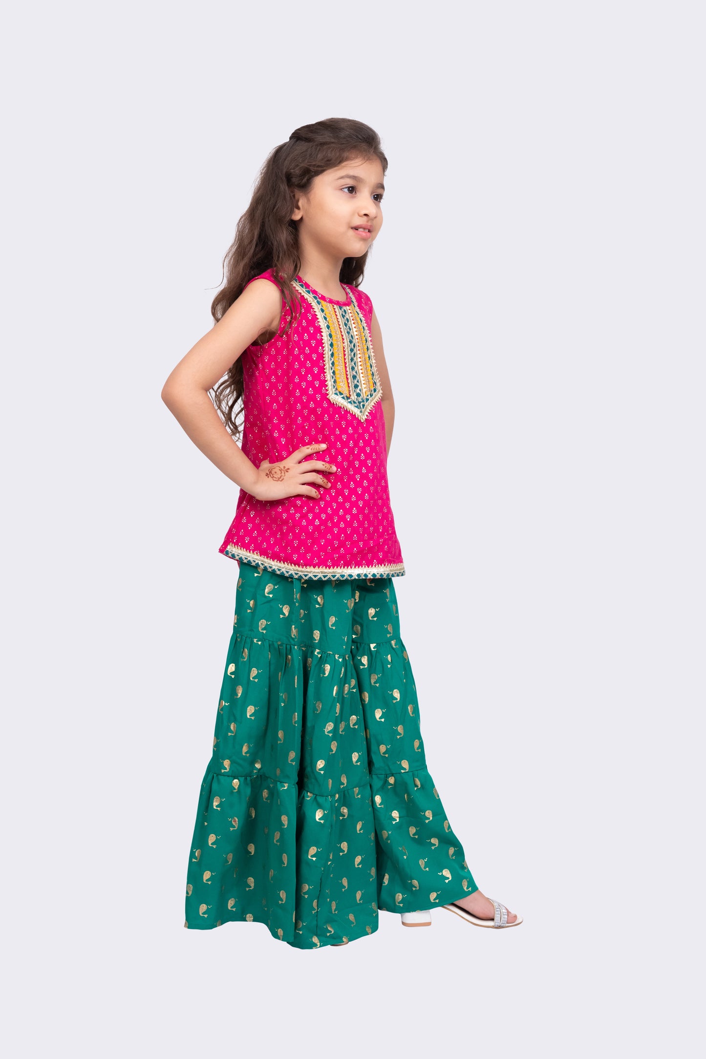 Twisha Girls Sleeveless Cotton Embellished Top With Sharara- Pink & Green