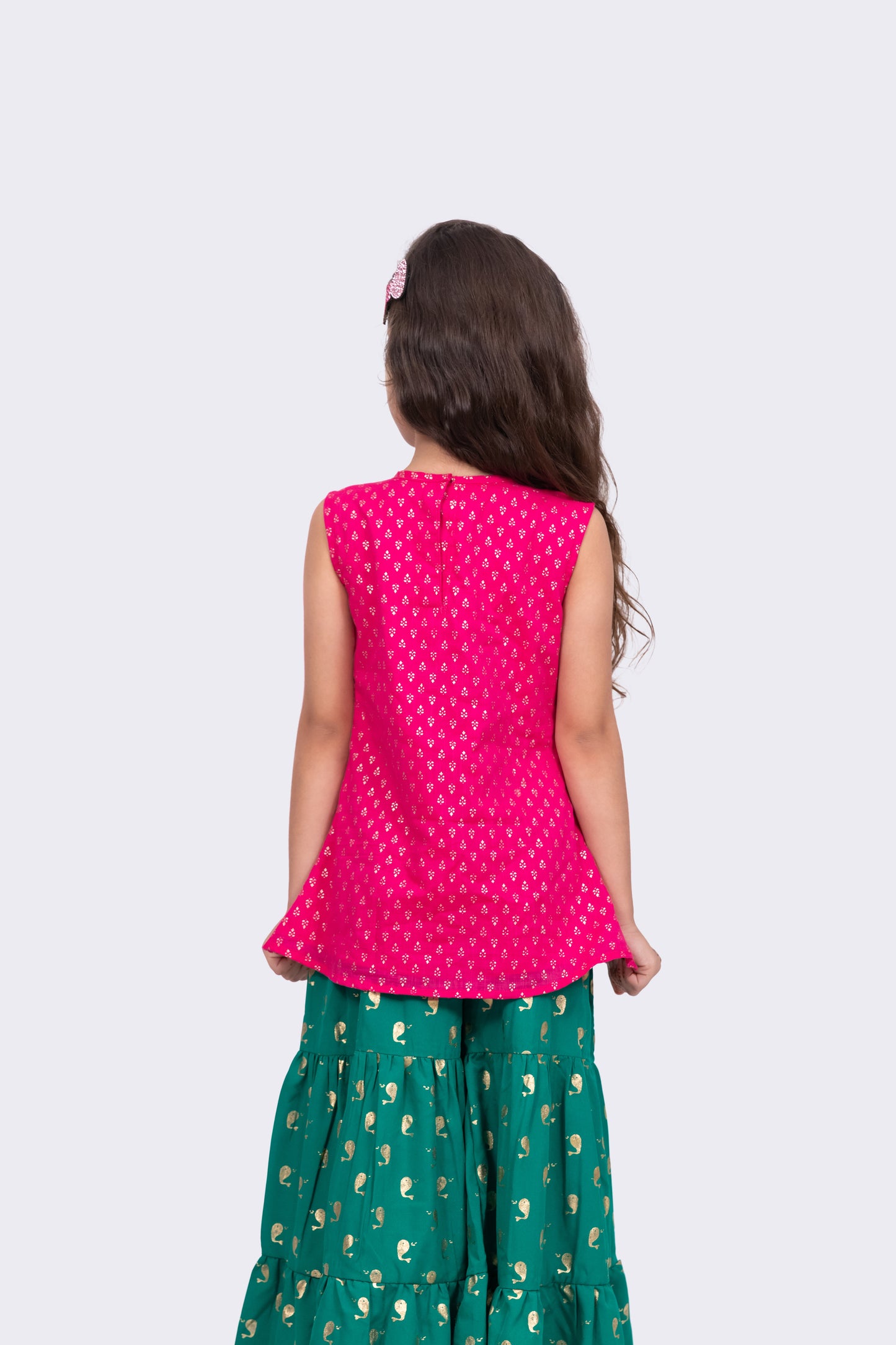 Twisha Girls Sleeveless Cotton Embellished Top With Sharara- Pink & Green