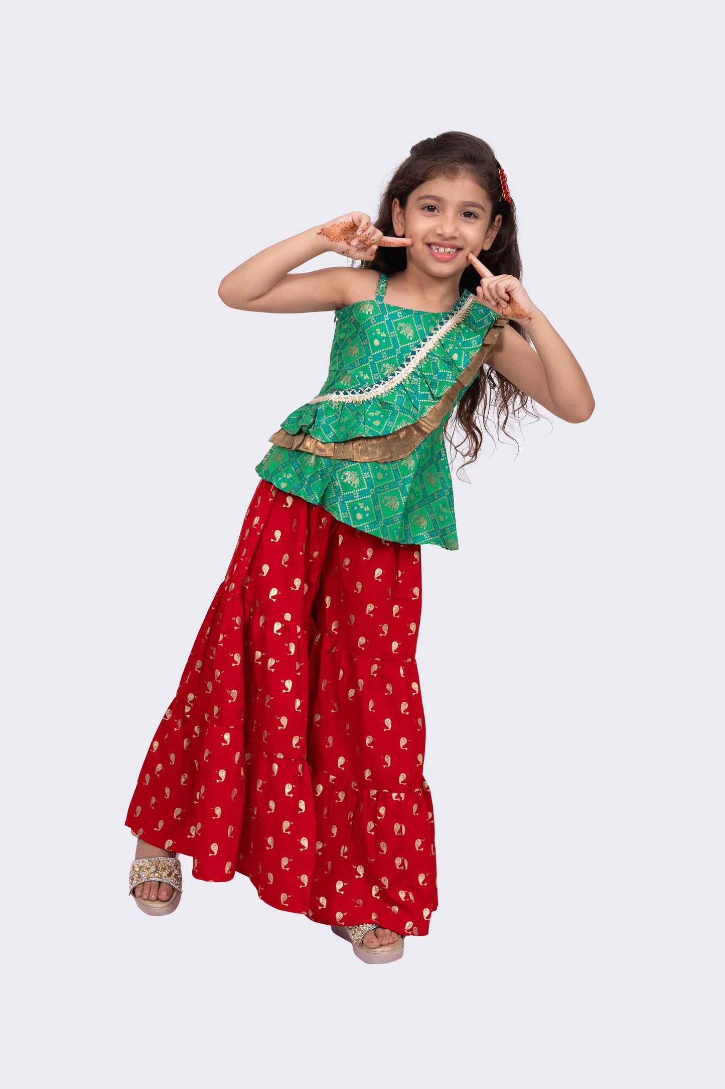 Twisha Girls Sleeveless Polyester One Shoulder Top With Sharara - Green & Red