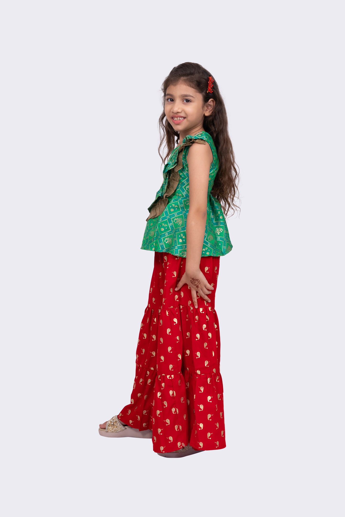 Twisha Girls Sleeveless Polyester One Shoulder Top With Sharara - Green & Red