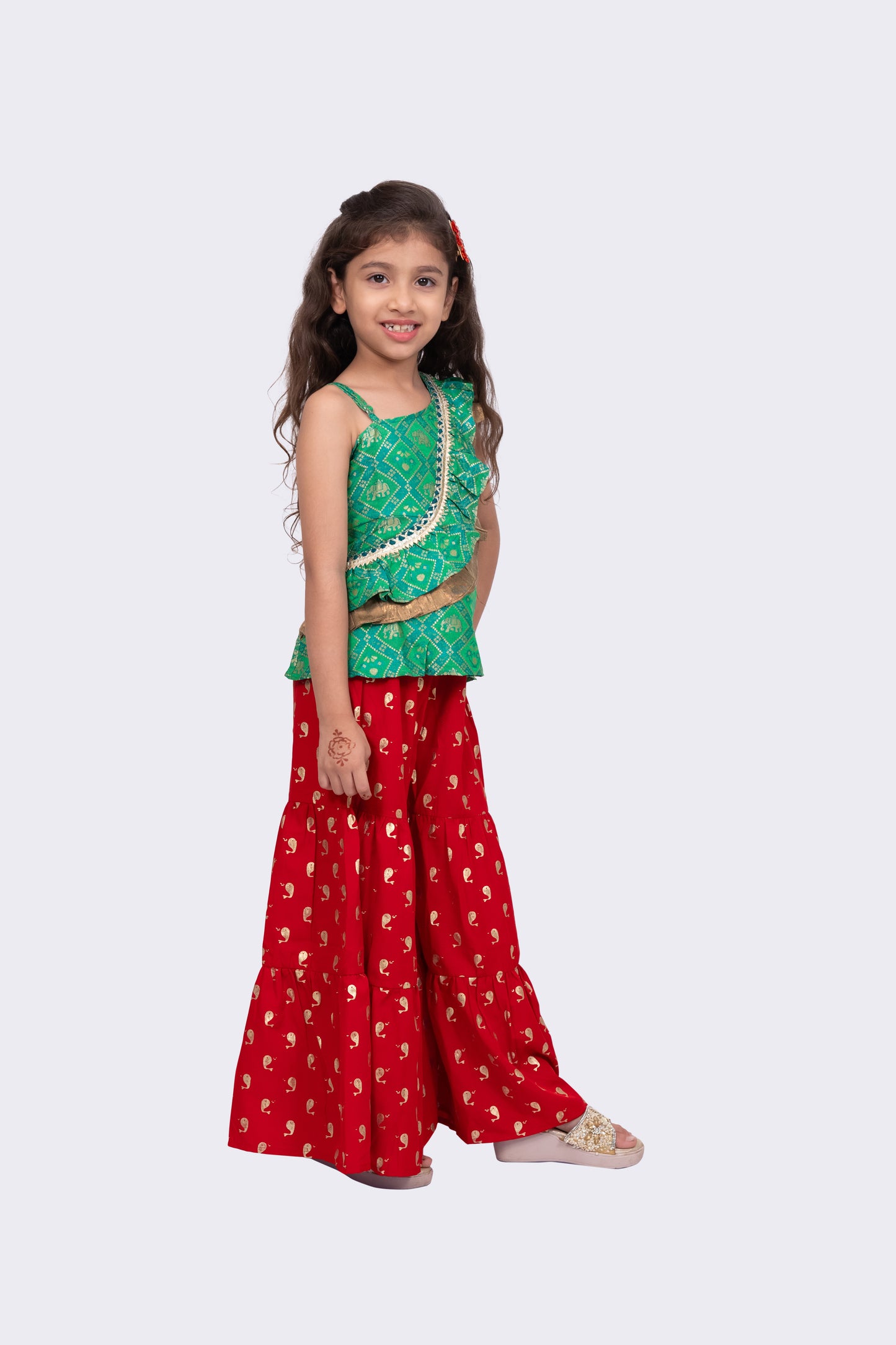 Twisha Girls Sleeveless Polyester One Shoulder Top With Sharara - Green & Red