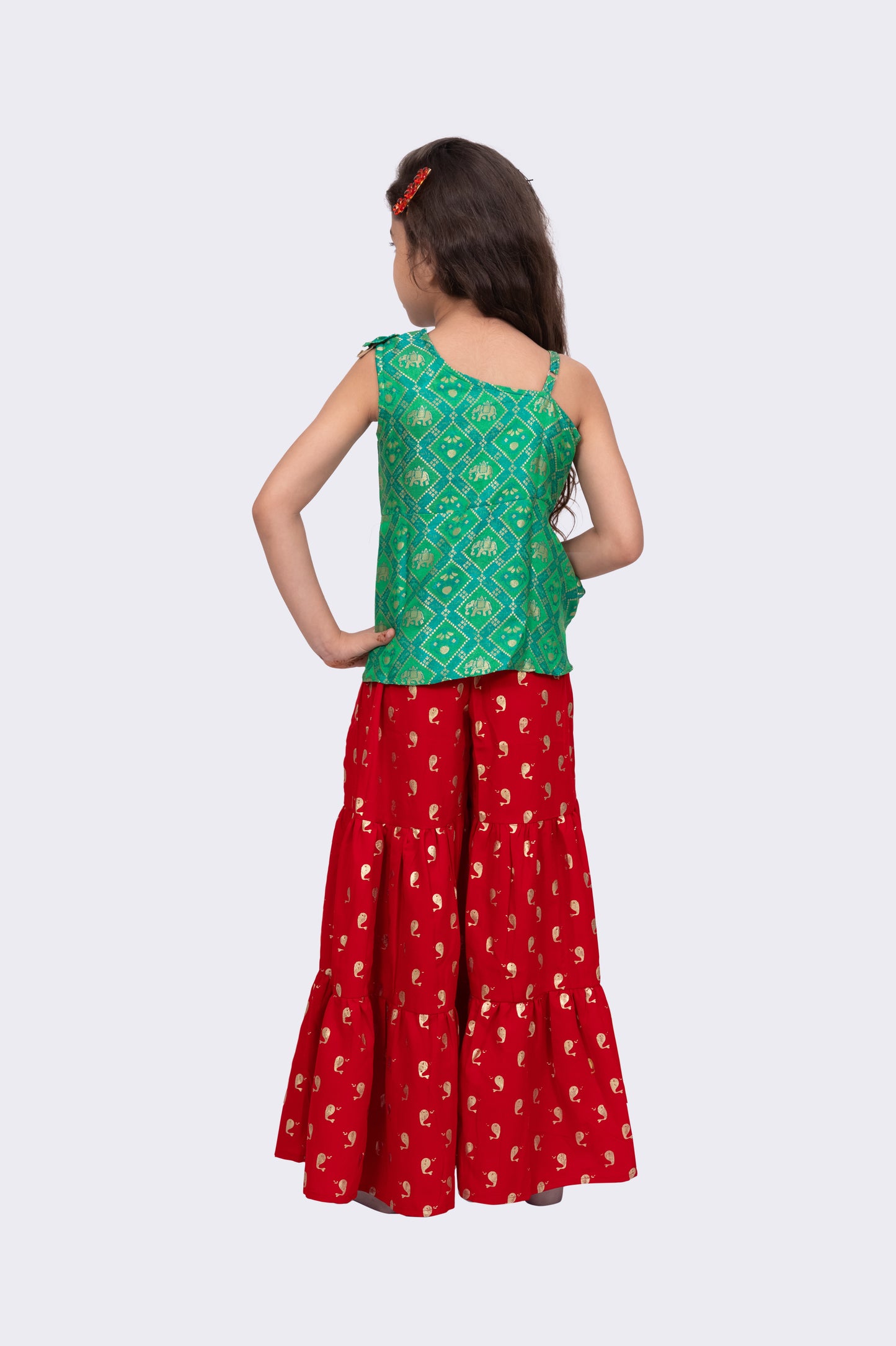 Twisha Girls Sleeveless Polyester One Shoulder Top With Sharara - Green & Red