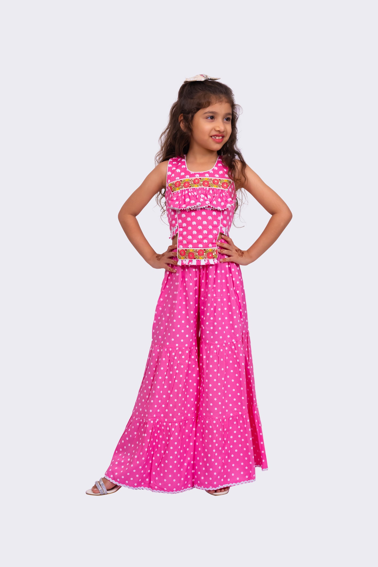 Twisha Cotton Sleeveless All Over Printed Top with Sharara - BabyPink & White