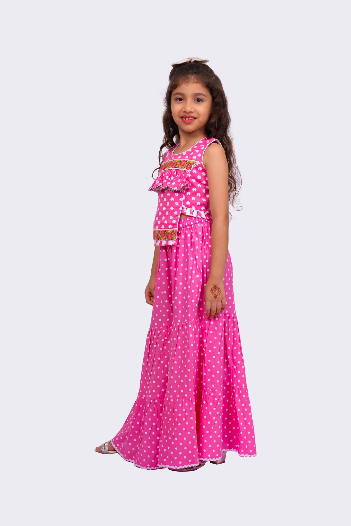 Twisha Cotton Sleeveless All Over Printed Top with Sharara - BabyPink & White