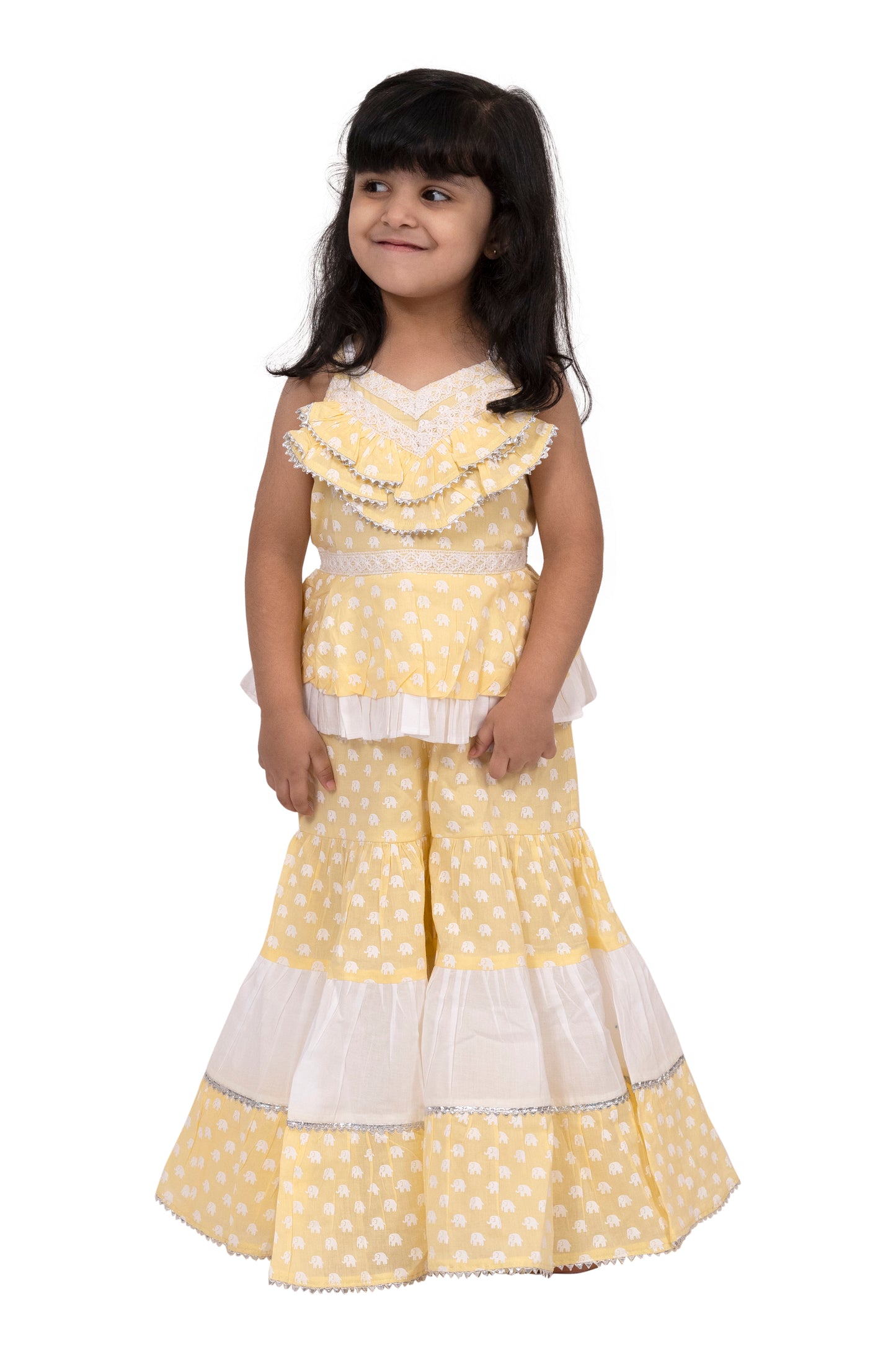 Twisha Cotton Sleeveless elephant Printed Top with Sharara - Yellow & White