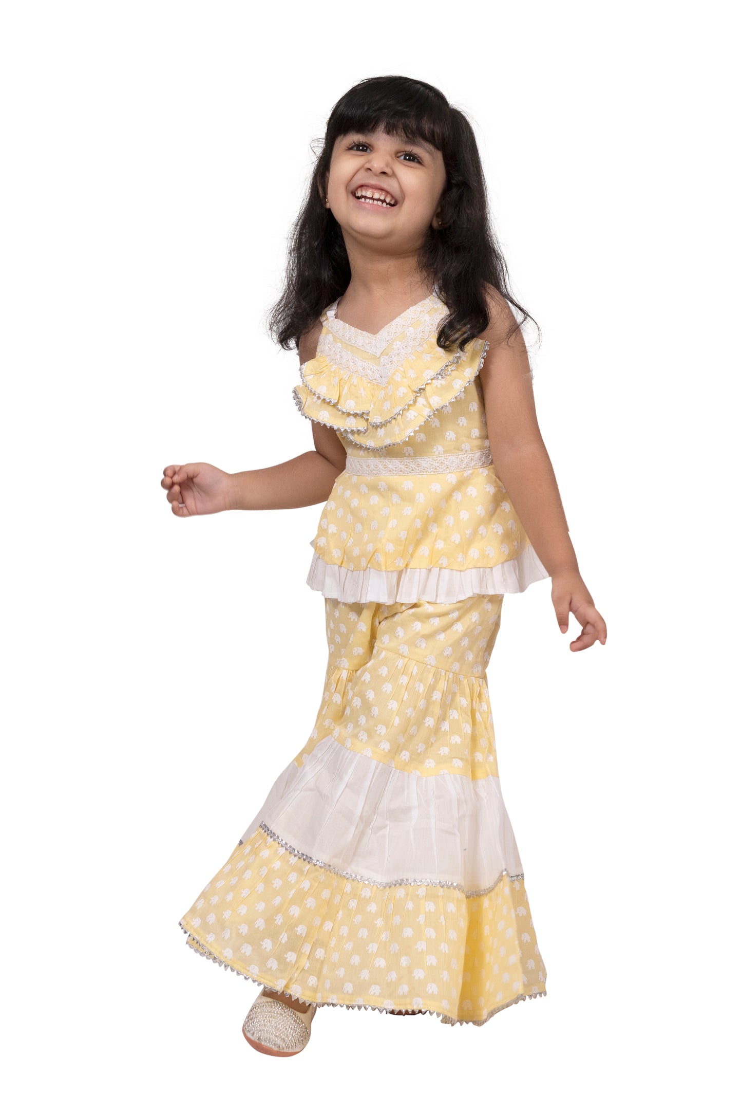 Twisha Cotton Sleeveless elephant Printed Top with Sharara - Yellow & White